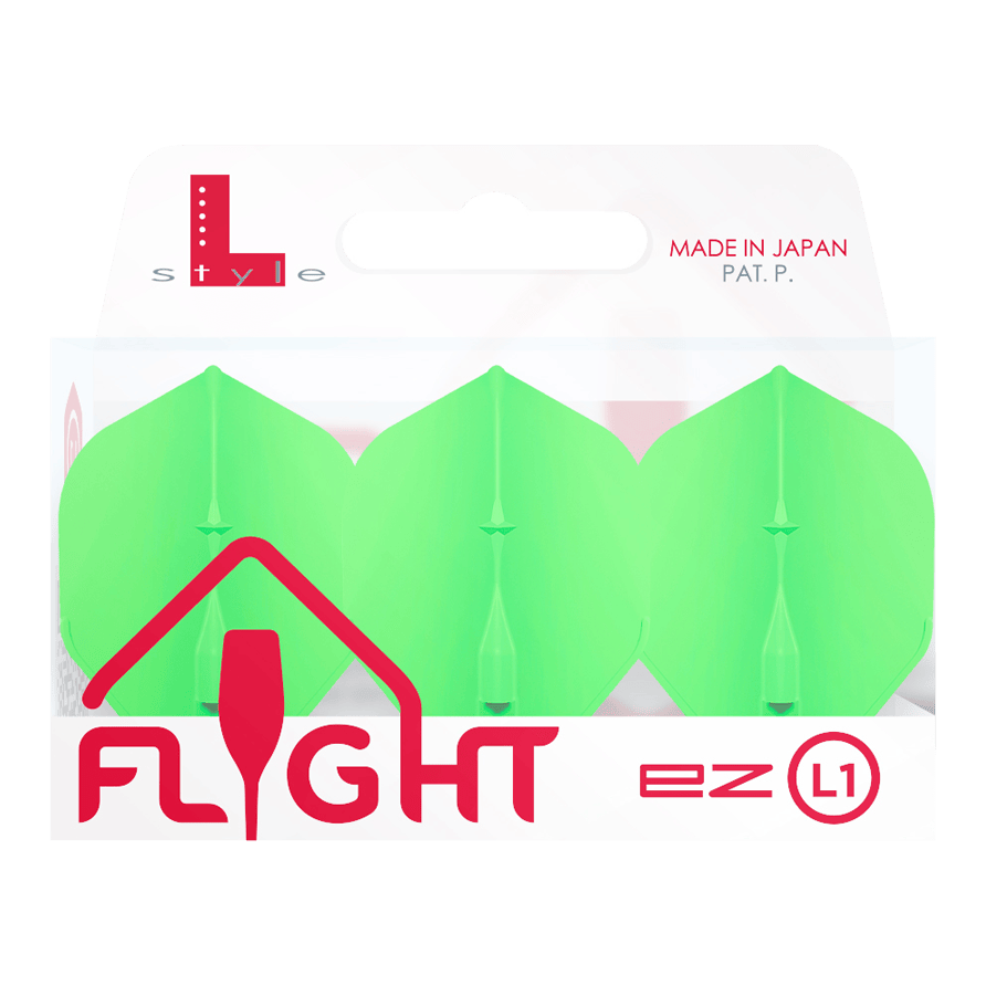 L-Style Champagne L1EZ Standard Flights Das Bild zeigt eine Packung der "L-Style Champagne L1EZ Standard Flights" in grün. Die Verpackung ist weiß und hebt hervor, dass das Produkt in Japan hergestellt wurde.