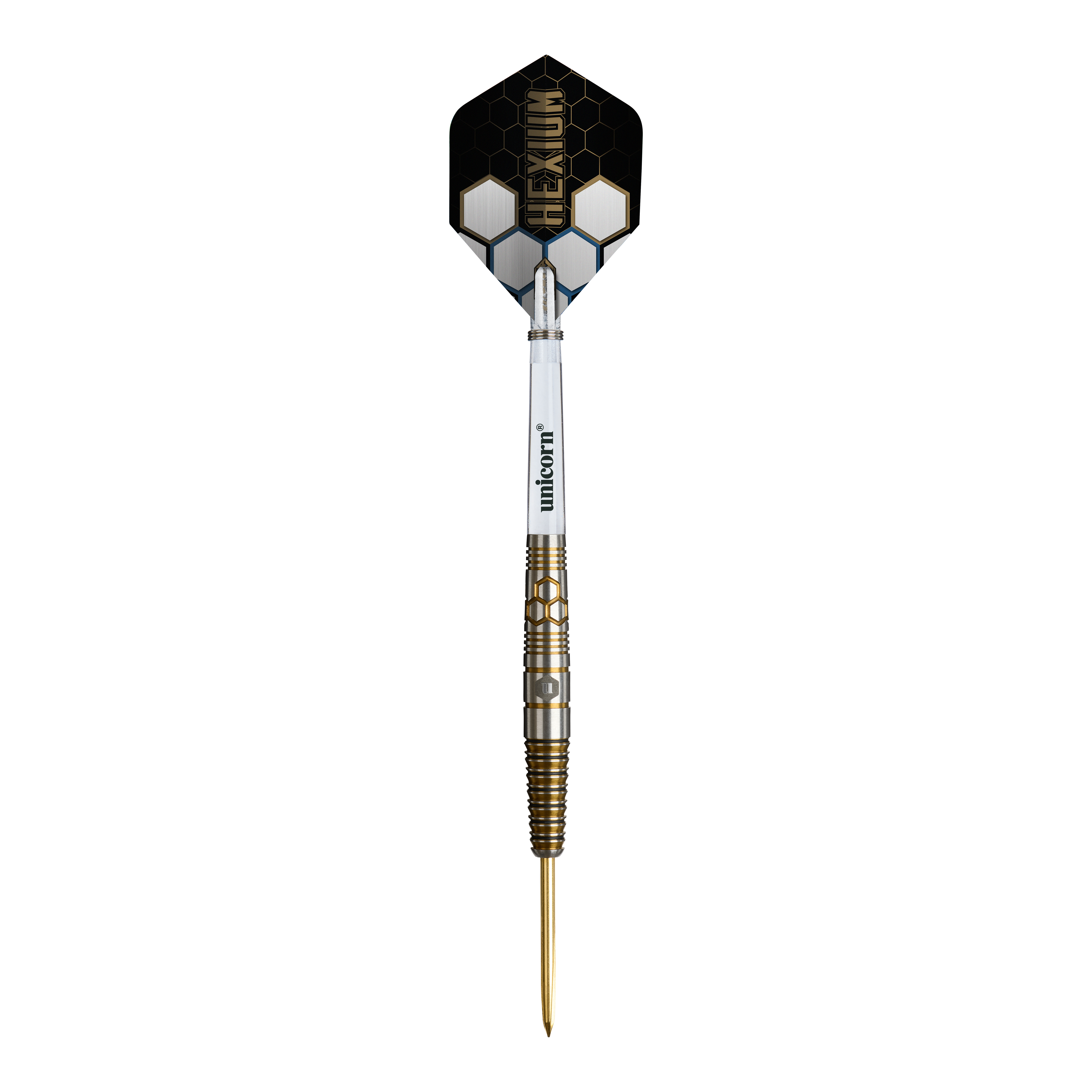 Unicorn Hexium Style 03 Gold & Black Steeldarts werden in dieser Abbildung dargestellt. Die besondere Gold-Schwarz-Optik hebt die Darts hervor.