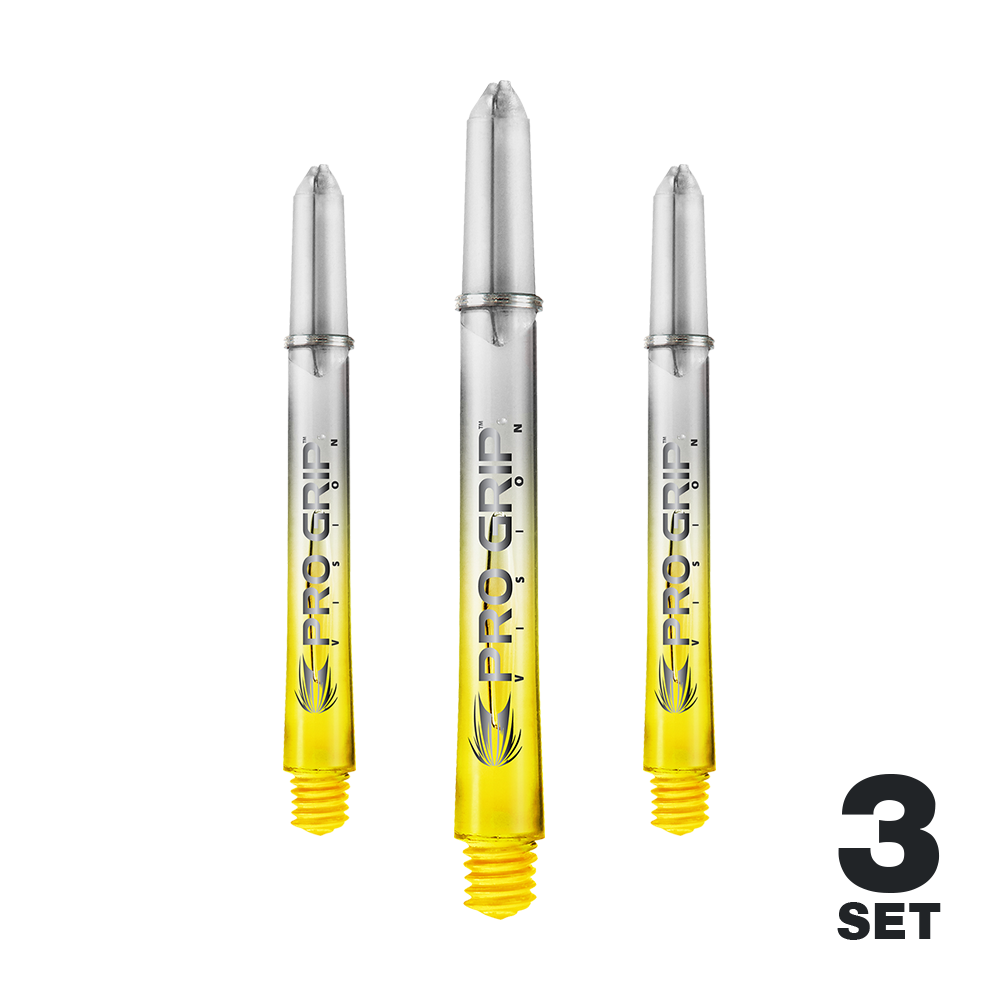 Auf dem Bild sind drei gelb-transparente Pro Grip Vision Shafts für Darts zu sehen. Rechts unten steht "3 Set", was auf ein Set mit drei Shafts hinweist.