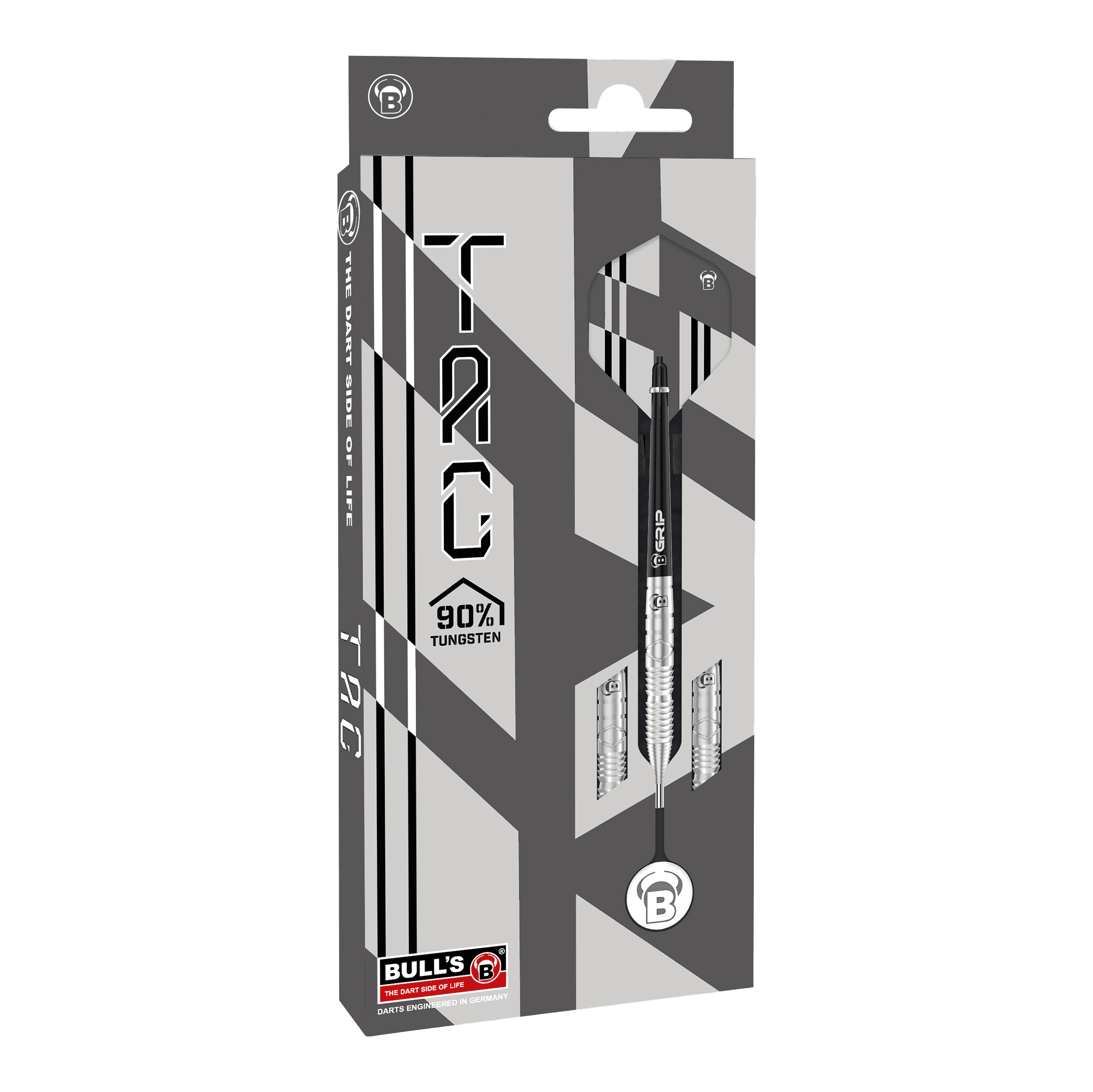 Bulls Tac T3 Steeldarts Die Abbildung zeigt die Verpackung der Bulls Tac T3 Steeldarts. Auf der Vorderseite ist zu erkennen, dass die Darts zu 90 % aus Tungsten bestehen.