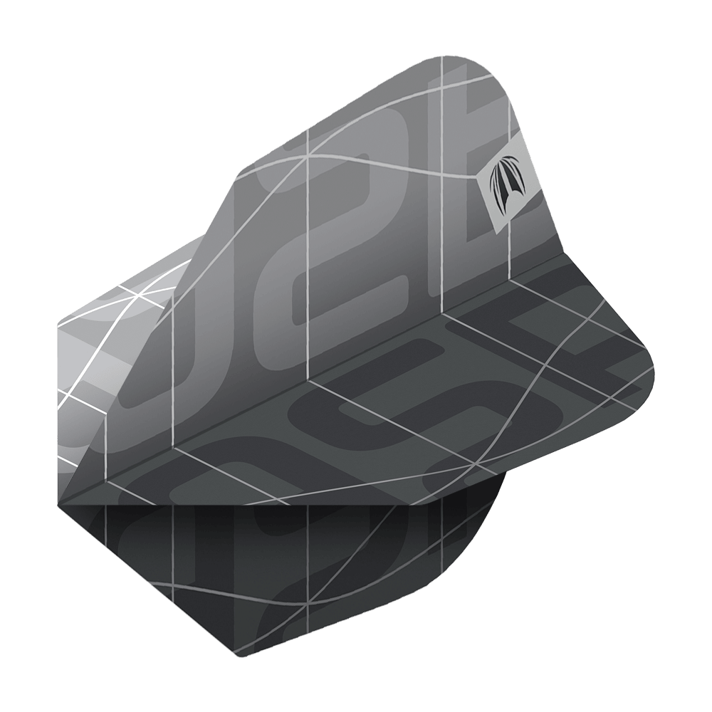 Target Pro Ultra Aspinall X Echo No6 Flights - 3 Sets Das Bild zeigt ein Set von Target Pro Ultra Aspinall X Echo No6 Flights für Darts. Die Flights sind in einem modernen, dunklen Design mit grafischen Linien und einem dezenten Logo gestaltet.