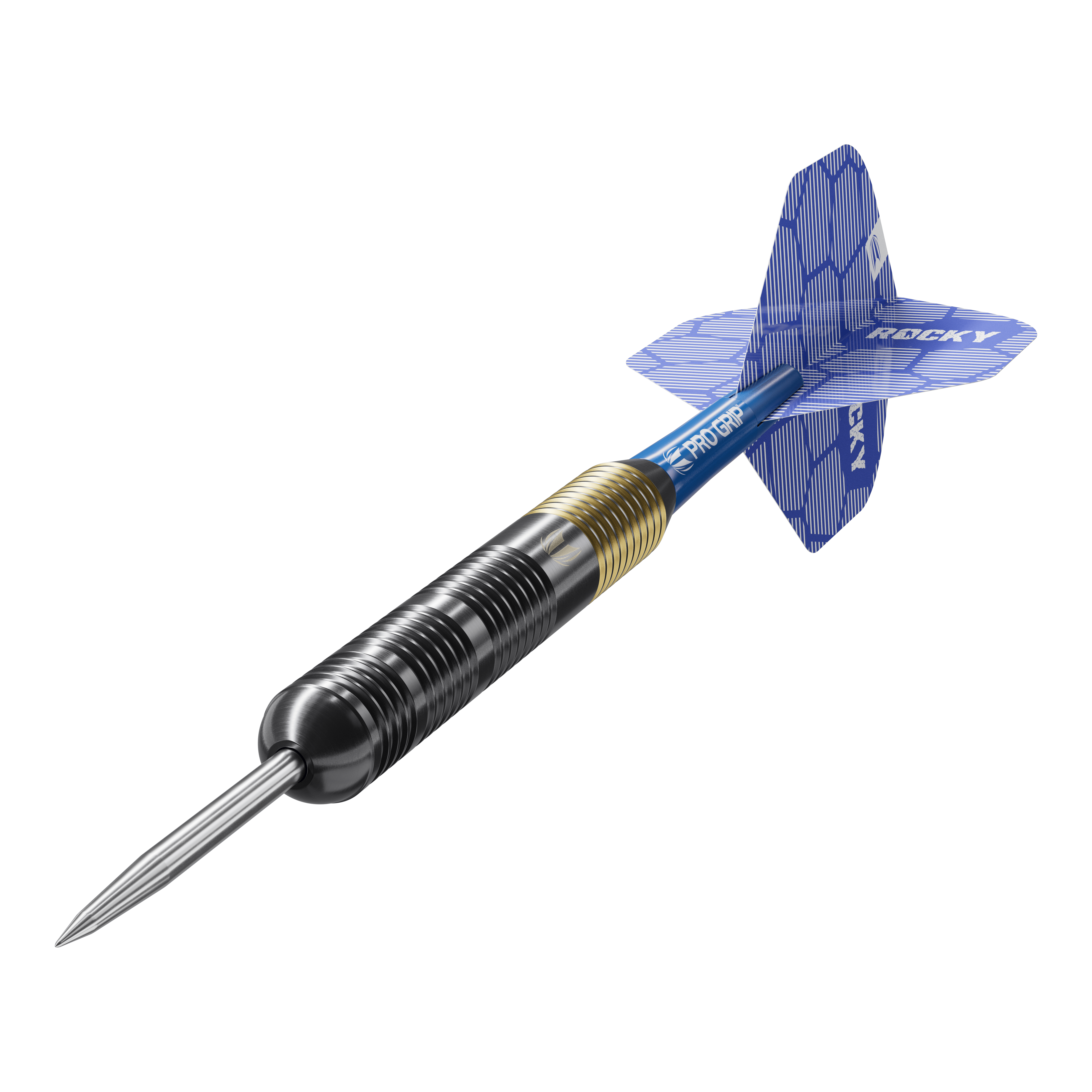 Target Josh Rock Brass Steeldarts - 22g Das Bild zeigt einen Target Josh Rock Brass Steeldart mit einem Gewicht von 22g. Der Dart hat eine messingfarbene und schwarze Spitze sowie blaue Flights mit der Aufschrift "ROCKY".
