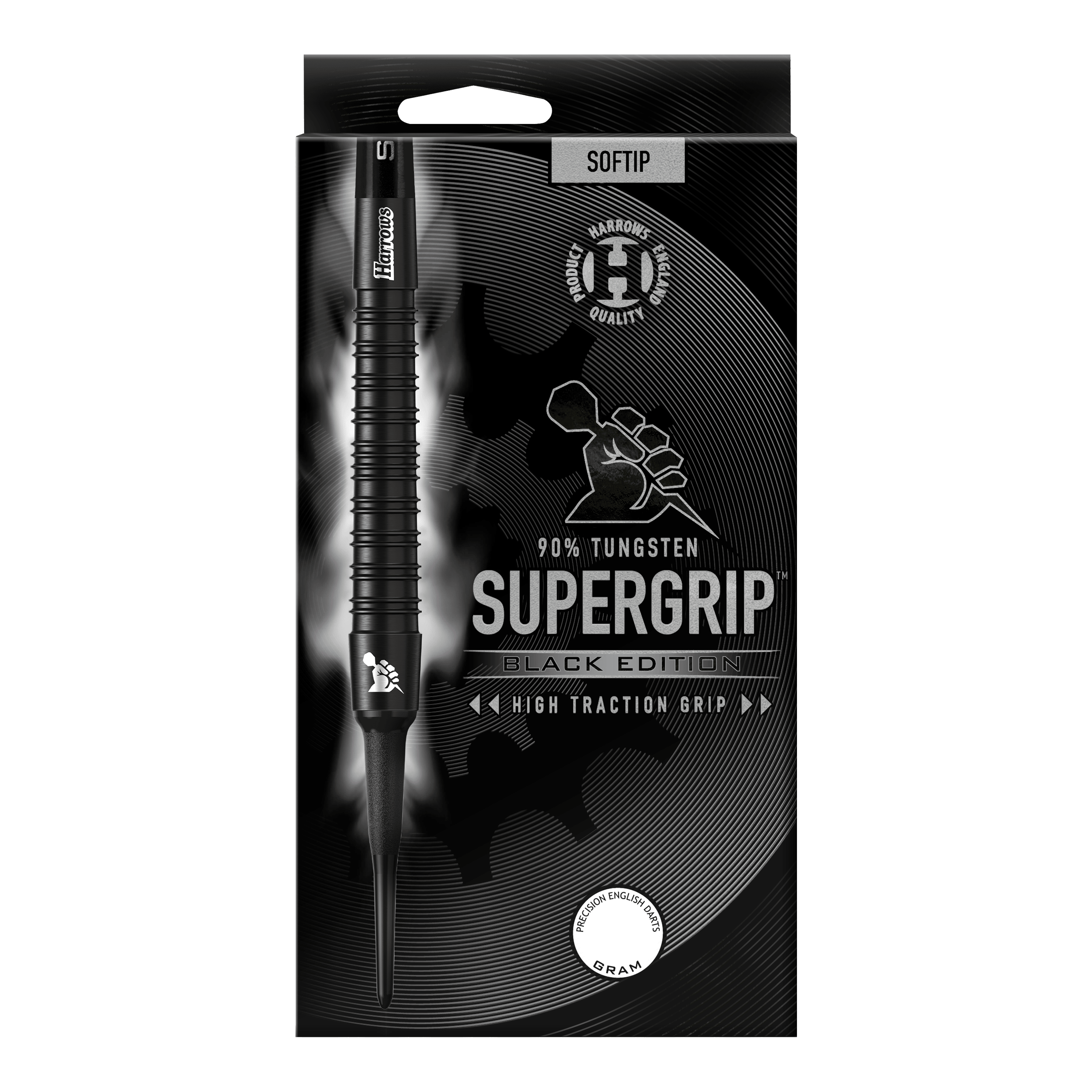 Harrows Supergrip Black-Edition Softdarts Das Bild zeigt die Verpackung der "Harrows Supergrip Black-Edition Softdarts". Die Darts bestehen zu 90 % aus Tungsten und haben eine hohe Griffigkeit.