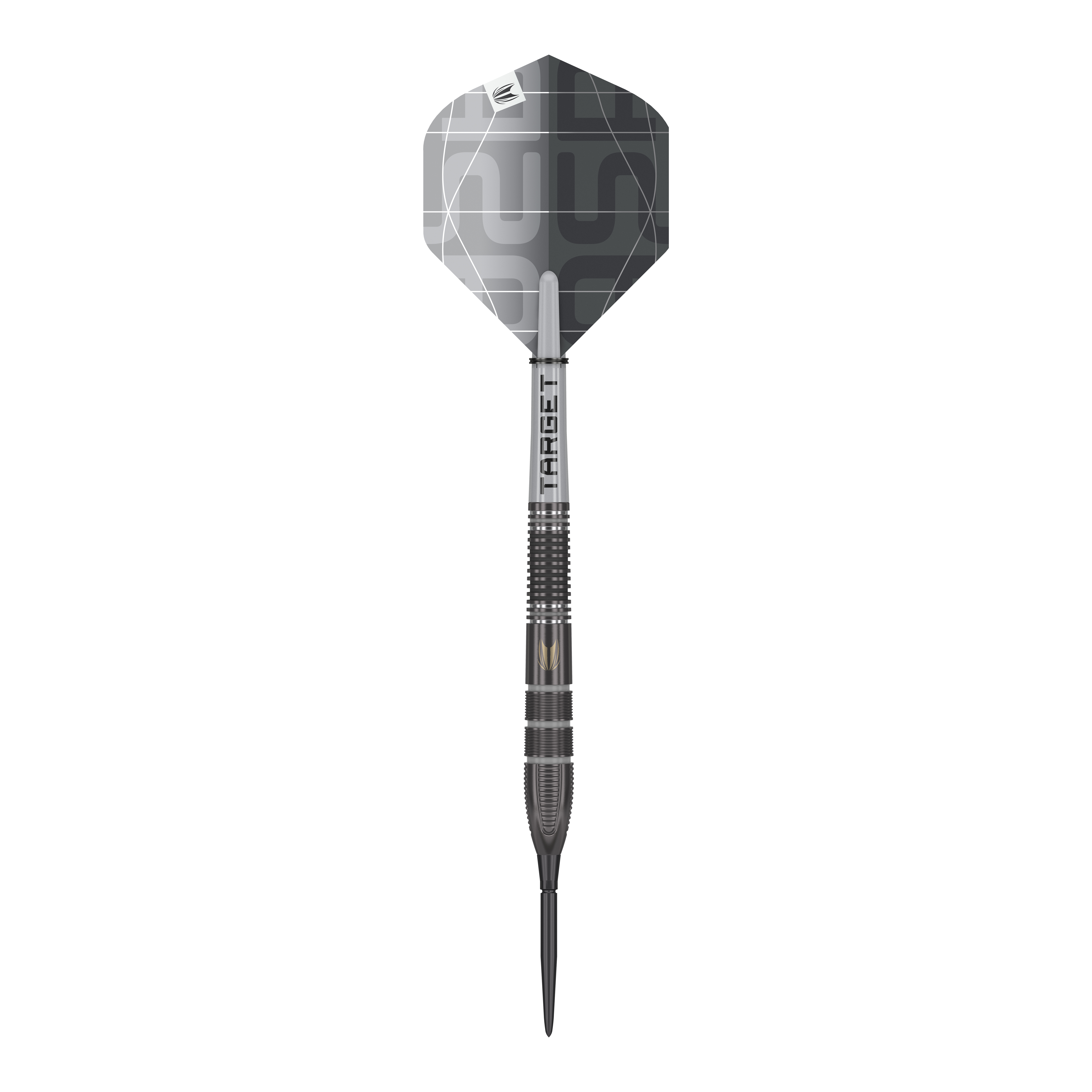 Der "Target Nathan Aspinall X Echo Swiss Point Steeldarts" ist ein hochwertiger Steeldart in elegantem Schwarz-Grau-Design. Er besitzt eine fein gerillte Griffstruktur und moderne, geometrische Muster auf dem Flight.