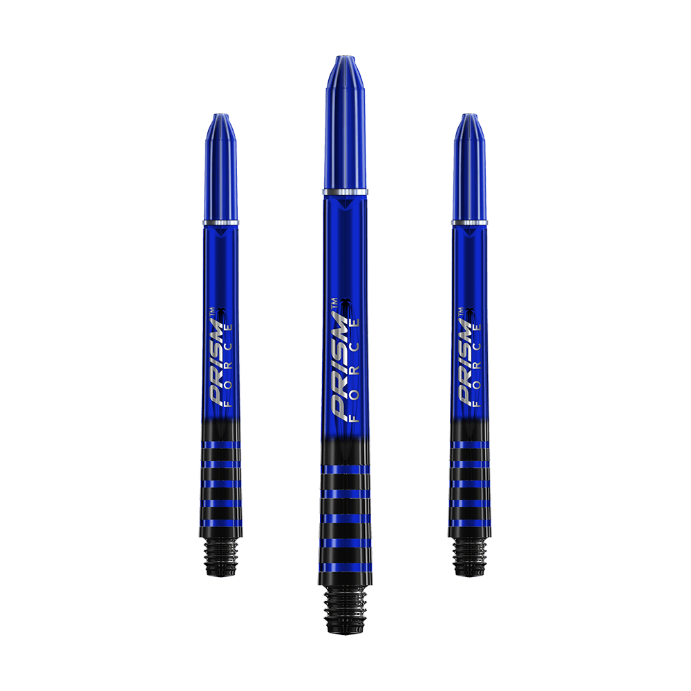 7020-203_Winmau_Prism_Force_Shafts_Blau_48mm_1 Das Bild zeigt drei blaue Dartschäfte mit der Aufschrift "Prism Force". Sie haben schwarze Ringe am unteren Ende und sind in einer aufrechten Position angeordnet.