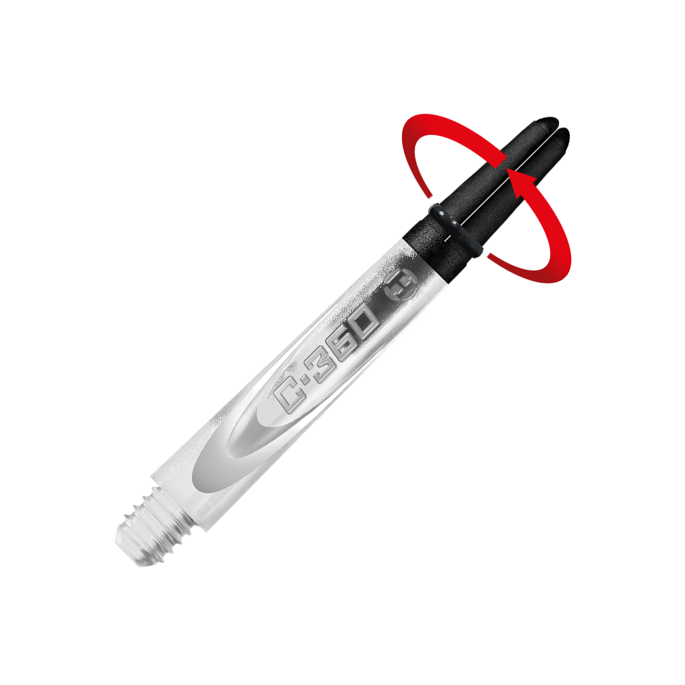 HR447_Harrows_Carbon_360_Shafts_Clear_42mm_2_Symbol Auf dem Bild ist ein transparenter Dart-Schaft mit der Aufschrift "C-360" zu sehen. Am oberen Ende zeigt ein roter Pfeil eine Drehbewegung an.