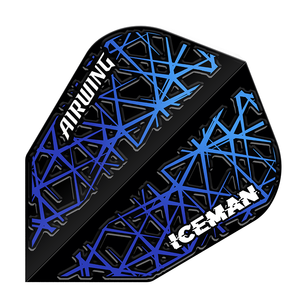 Das Bild zeigt ein Dartflight mit blauen Linien auf schwarzem Hintergrund. Auf dem Flight stehen die Wörter "AIRWING" und "ICEMAN" in weißer Schrift.