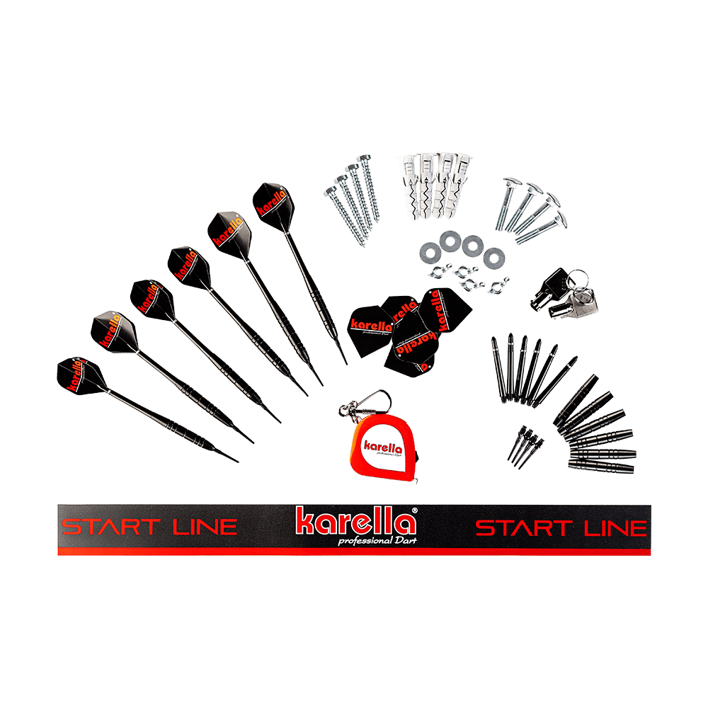 Karella_E-Master_Dartautomat_Detail_Zubeh-rDzk6QVI4T24z9 Das Bild zeigt das Zubehörset des Karella E-MASTER Dartautomaten ohne Münzeinwurf. Es beinhaltet Dartpfeile, Ersatzspitzen, eine Startlinie, Montagematerial und weiteres Zubehör.