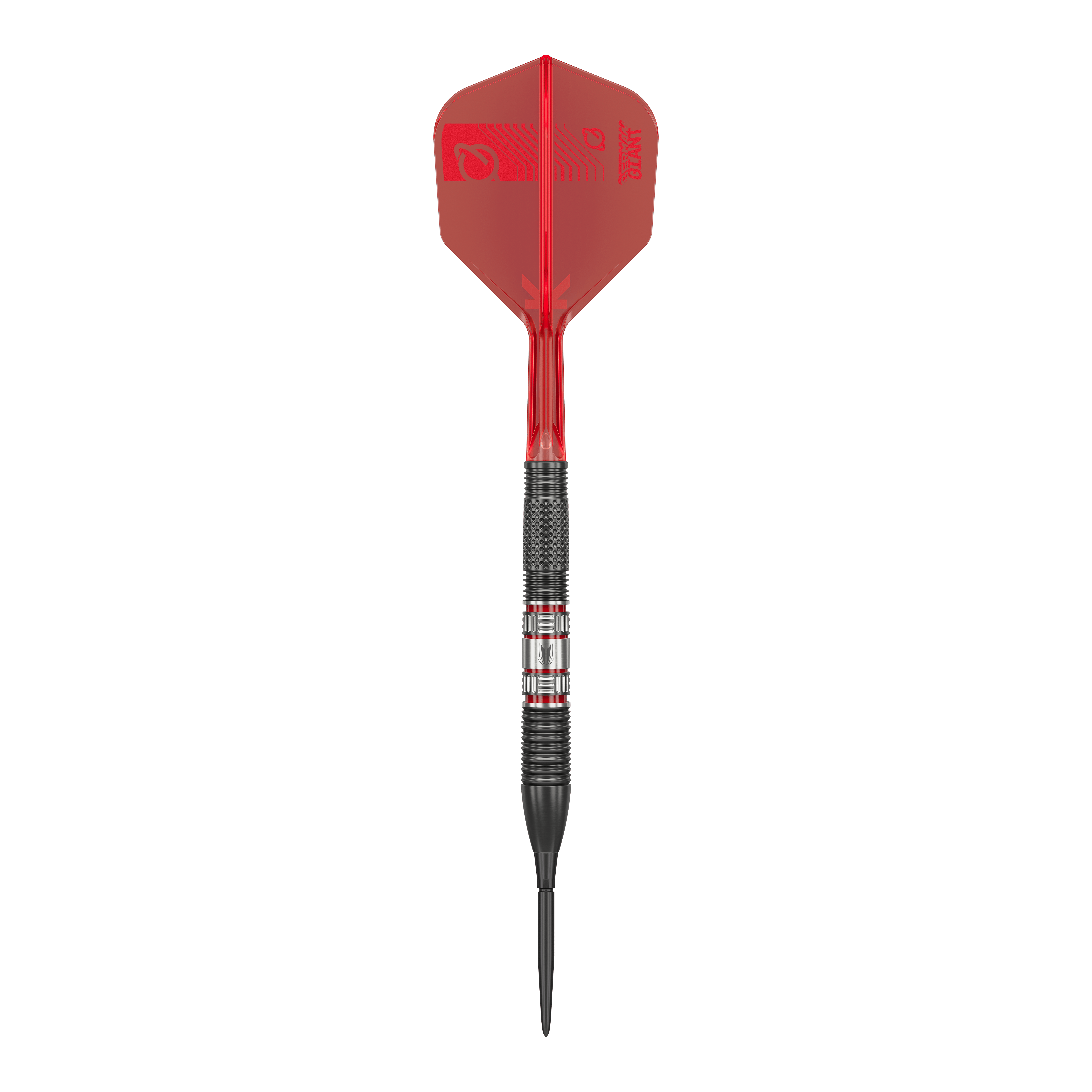 Target Gabriel Clemens 95K Swiss Point Steeldarts Das Bild zeigt einen Target Gabriel Clemens 95K Swiss Point Steeldart. Der Dart hat eine schwarze Spitze, einen schwarz-silbernen Schaft und auffällige rote Flights.