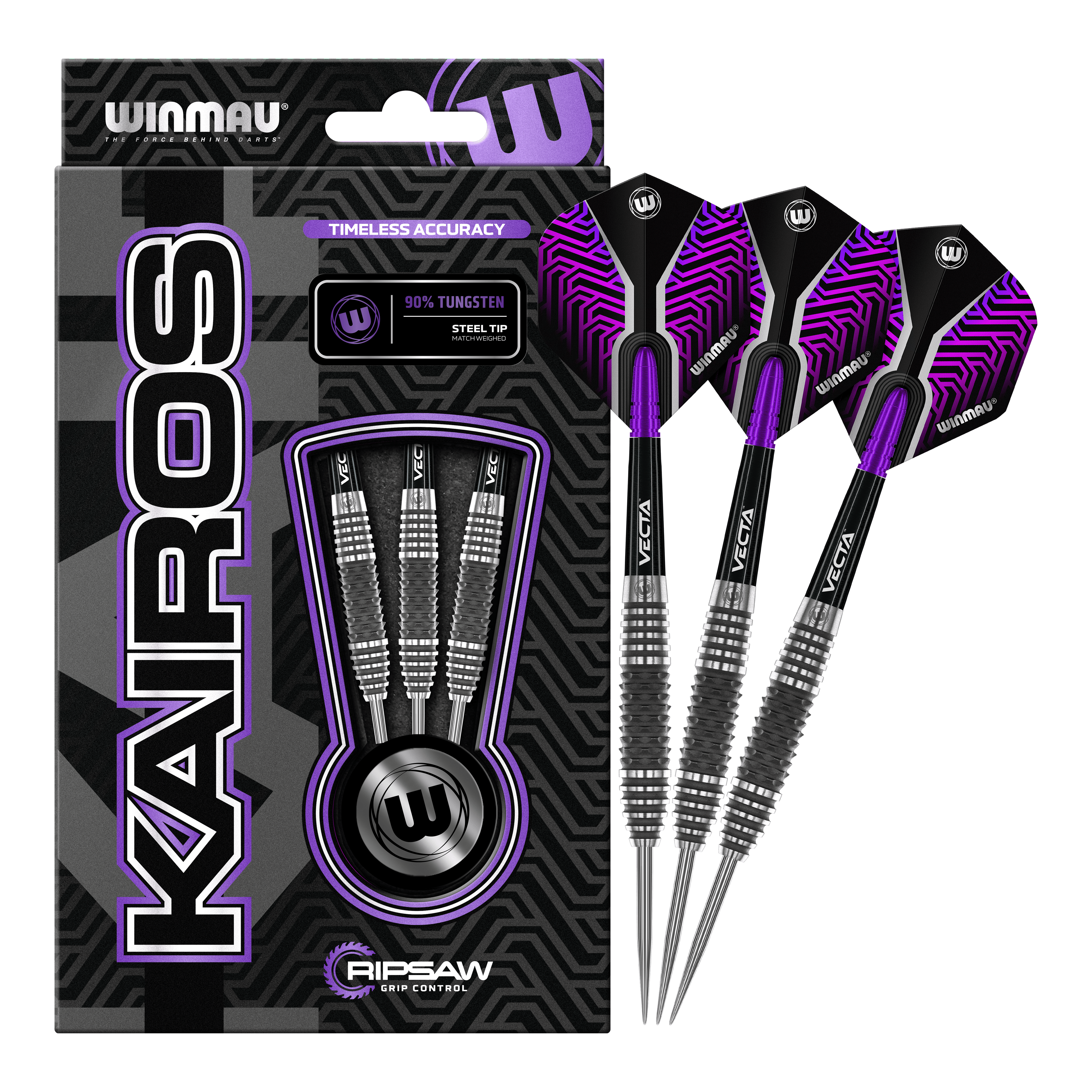 Winmau Kairos 01 Steeldarts Das Bild zeigt eine Verpackung der "Winmau Kairos 01 Steeldarts" mit drei darin enthaltenen Darts. Die Darts haben ein modernes, schwarz-lila Design und sind als 90% Tungsten Stahldarts ausgewiesen.