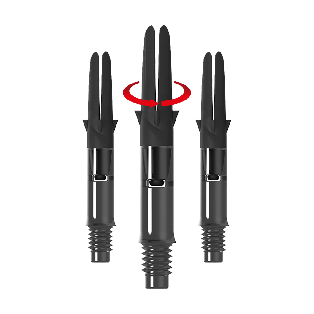 L-Style L-Shaft Carbon Silent Straight - Schwarz 190 Das Bild zeigt drei schwarze Carbon-Schaftsätze für Dartpfeile ohne Kappen. Über dem mittleren Schaft ist ein roter Pfeil, der eine Drehbewegung anzeigt.