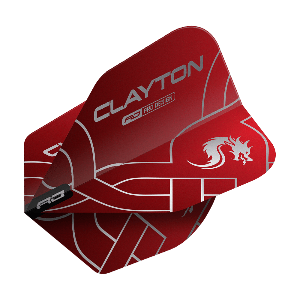 Das Bild zeigt die roten und silbernen Jonny Clayton Red Dragon Flights, Modell No6. Auf den Flights steht "CLAYTON" und ein stilisierter Drache ist abgebildet.