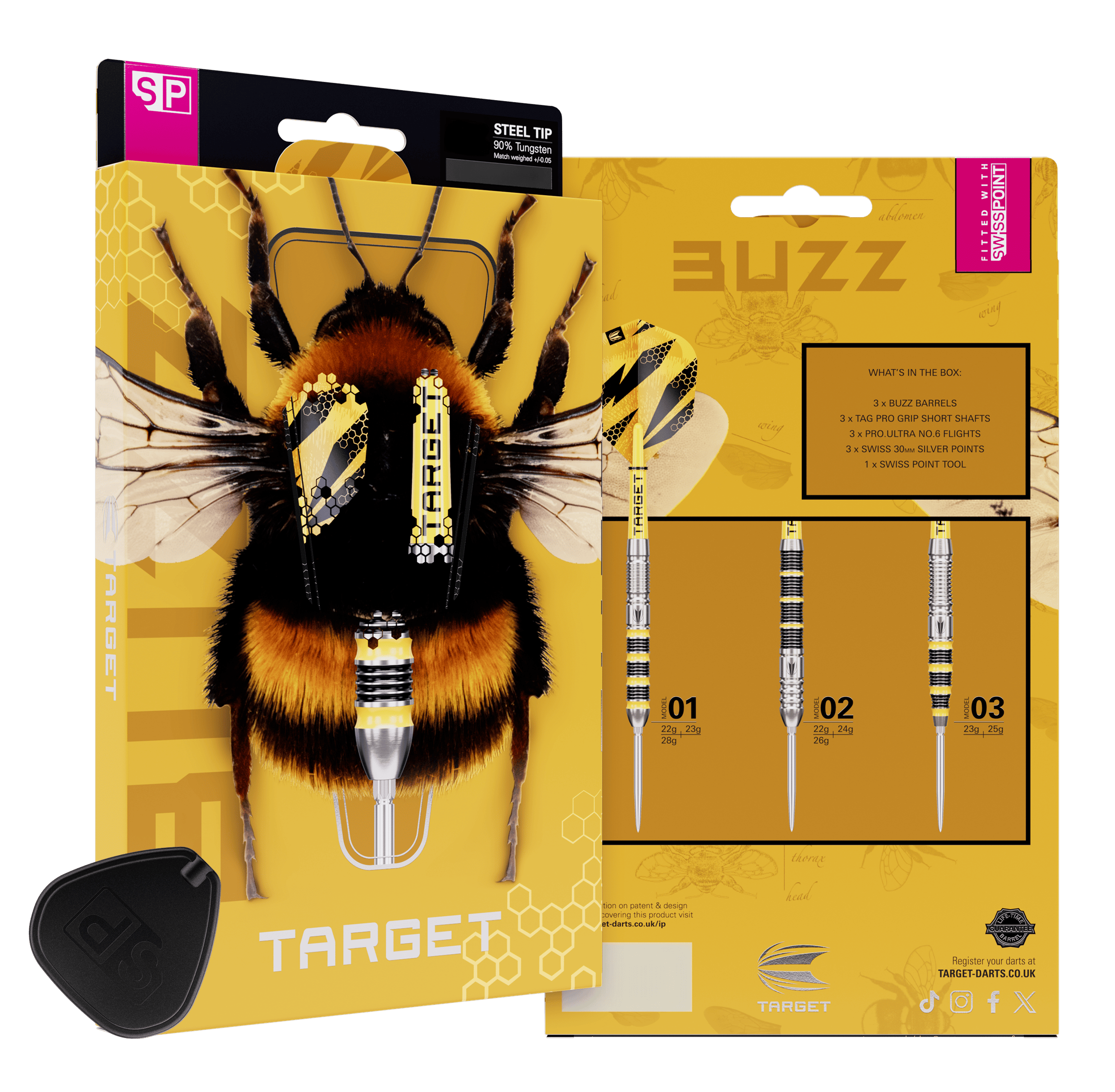 Abgebildet sind die Target Buzz 02 Swiss Points Steeldarts. Die Darts liegen ordentlich angeordnet auf hellem Hintergrund.