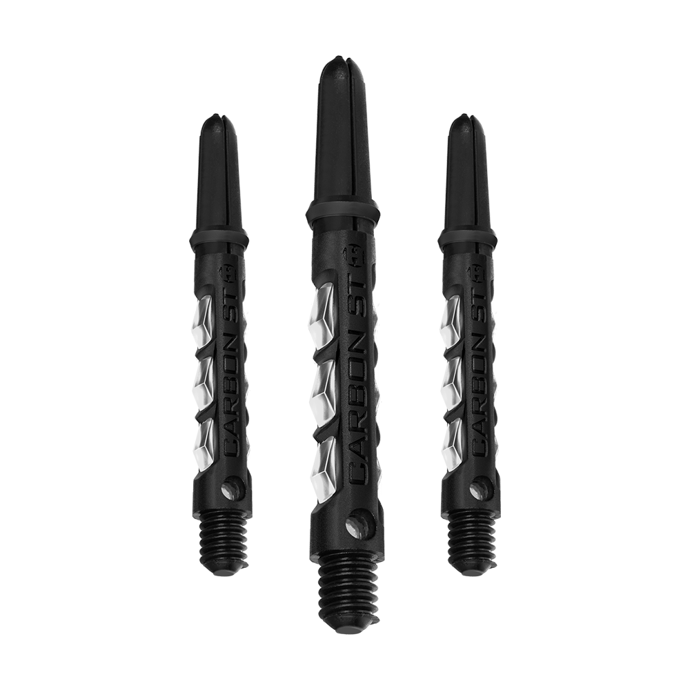 Das Bild zeigt drei klare Harrows Carbon ST Shafts für Dartpfeile. Die Schäfte sind schwarz mit durchsichtigen Elementen und tragen die Aufschrift "CARBON ST".
