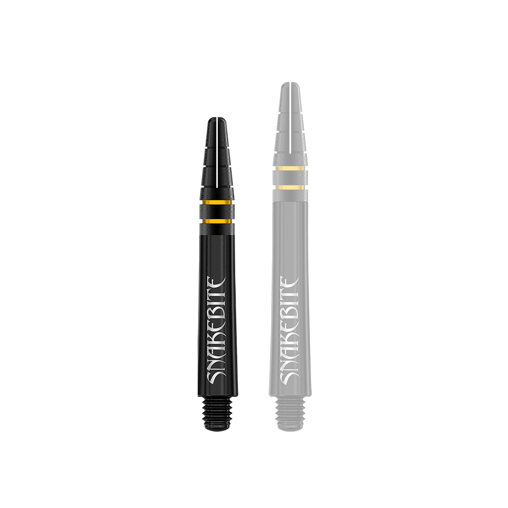 Auf dem Bild sind zwei schwarze Dart-Schäfte mit goldenen Ringen zu sehen. Auf den Schäften steht das Wort "Snakebite" in weißer Schrift.