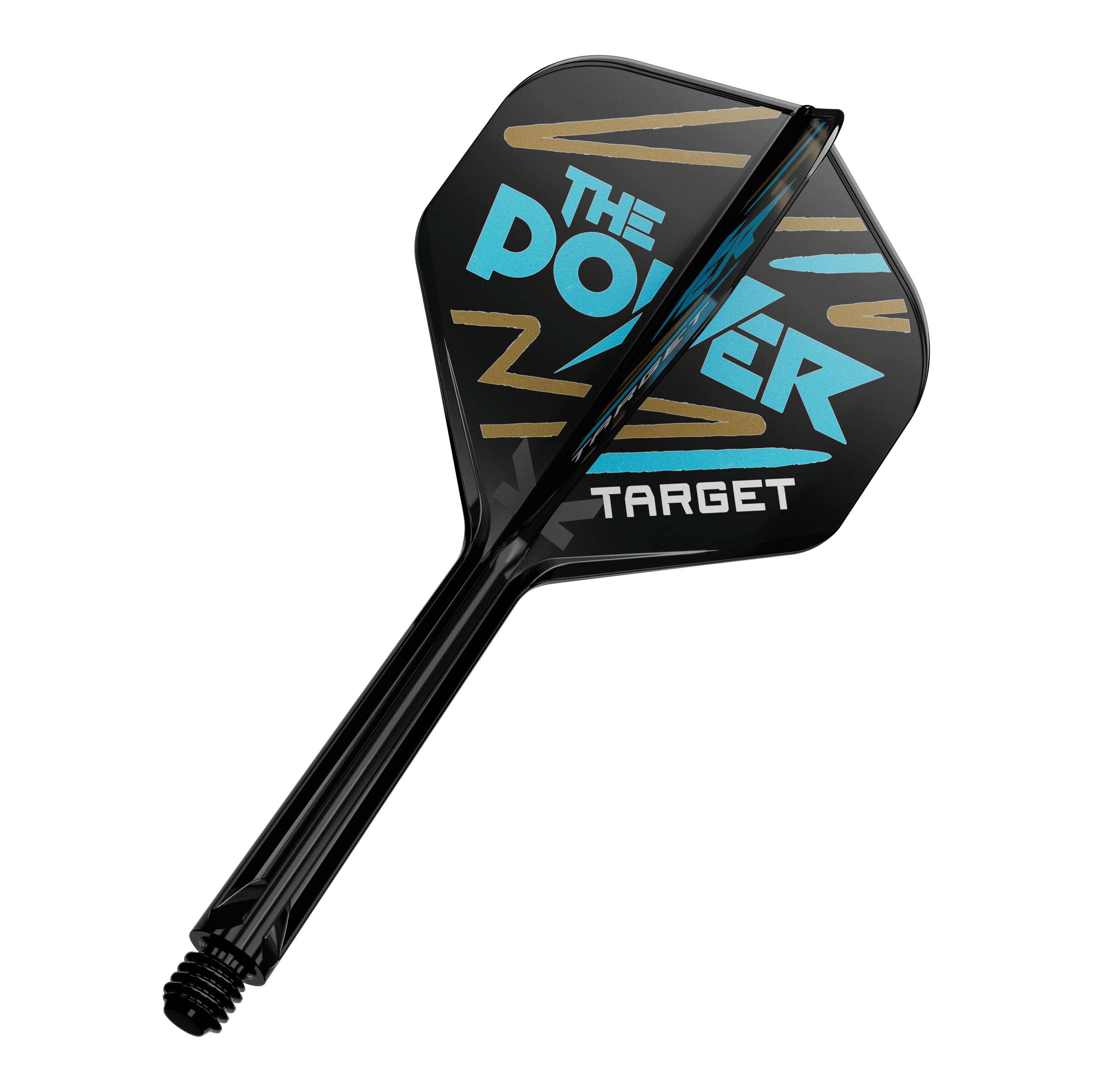 Target K-Flex Phil Taylor No2 Standard Flight-Shaft-System Auf dem Bild ist ein Dartpfeil mit schwarzer Flight zu sehen. Auf der Flight steht in blauer und weißer Schrift "The Power" und "Target" mit goldenen Zierstreifen.