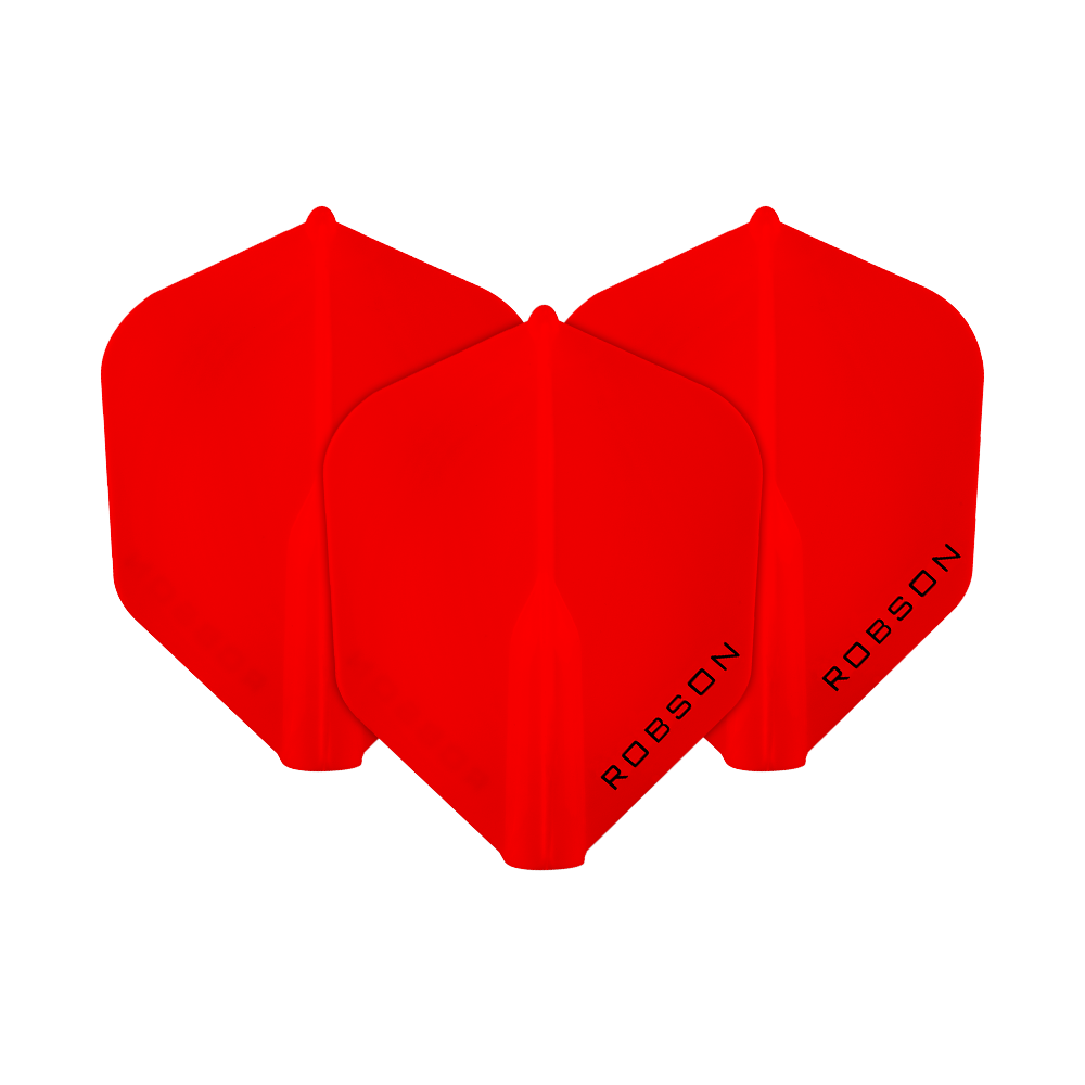 Das Bild zeigt drei rote Dart-Flights mit der Aufschrift "ROBSON". Sie sind in einer Reihe angeordnet und haben eine moderne, glänzende Oberfläche.