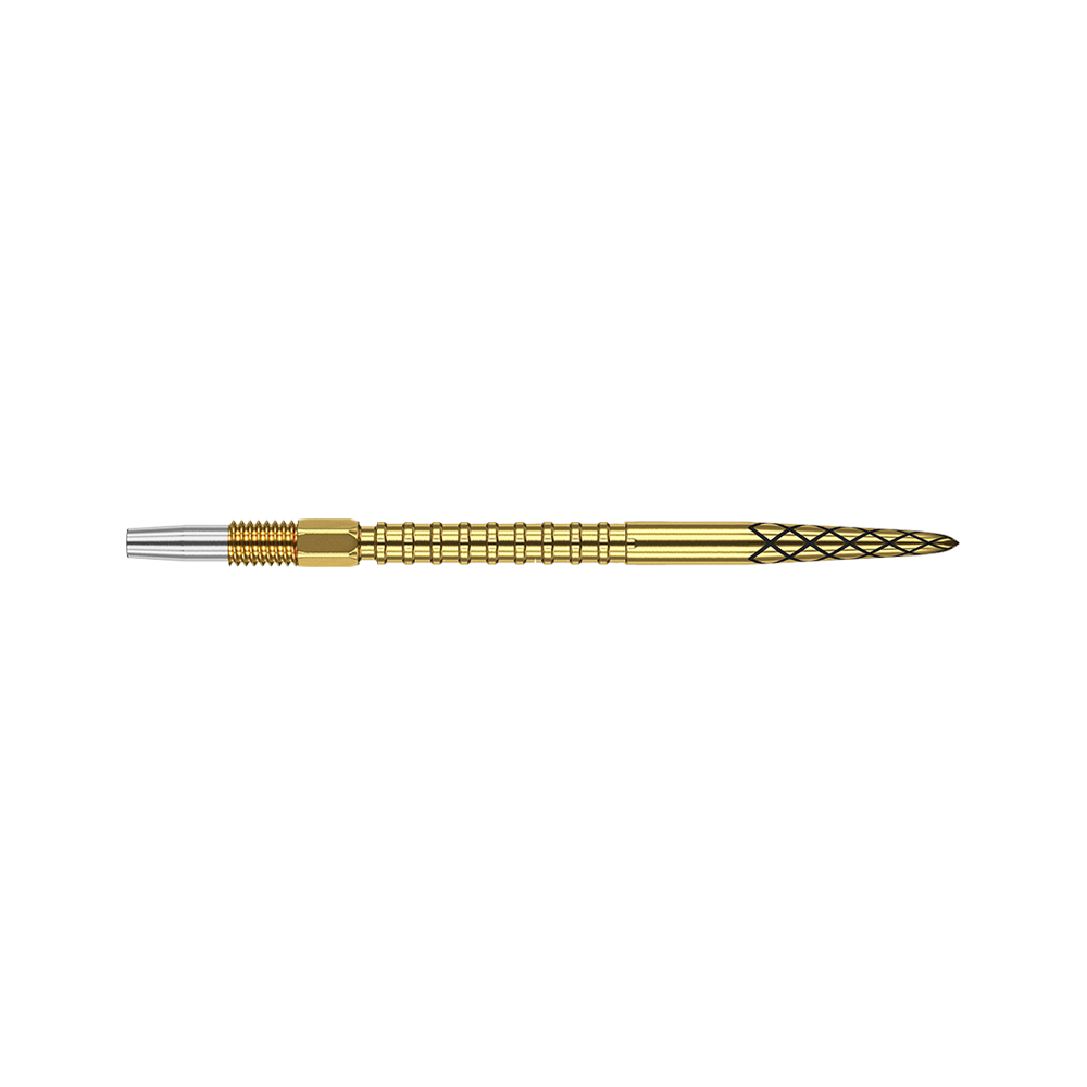 Das Bild zeigt eine goldfarbene Dartspitze mit einem Rautenmuster am vorderen Ende. Die Spitze ist 35 mm lang und hat einen silbernen Anschlussbereich.