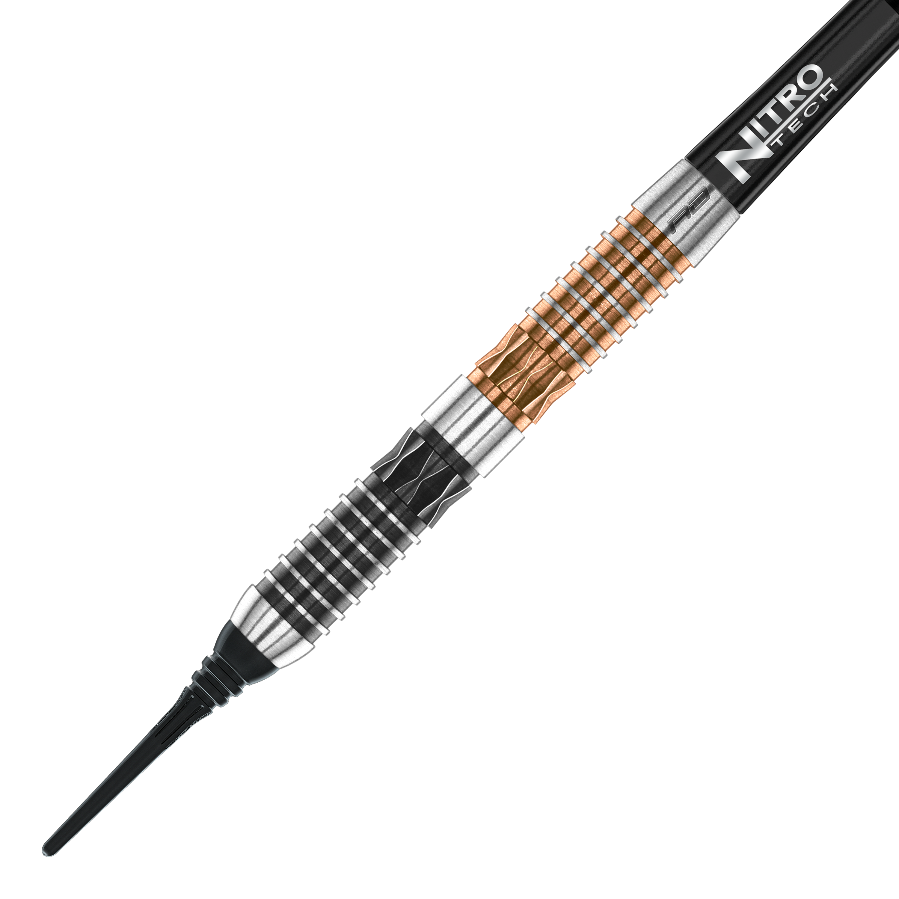 Das Bild zeigt einen Red Dragon Panterra Softdart mit einem Gewicht von 20g. Der Dartpfeil hat ein auffälliges Design mit schwarzen, silbernen und bronzefarbenen Elementen.