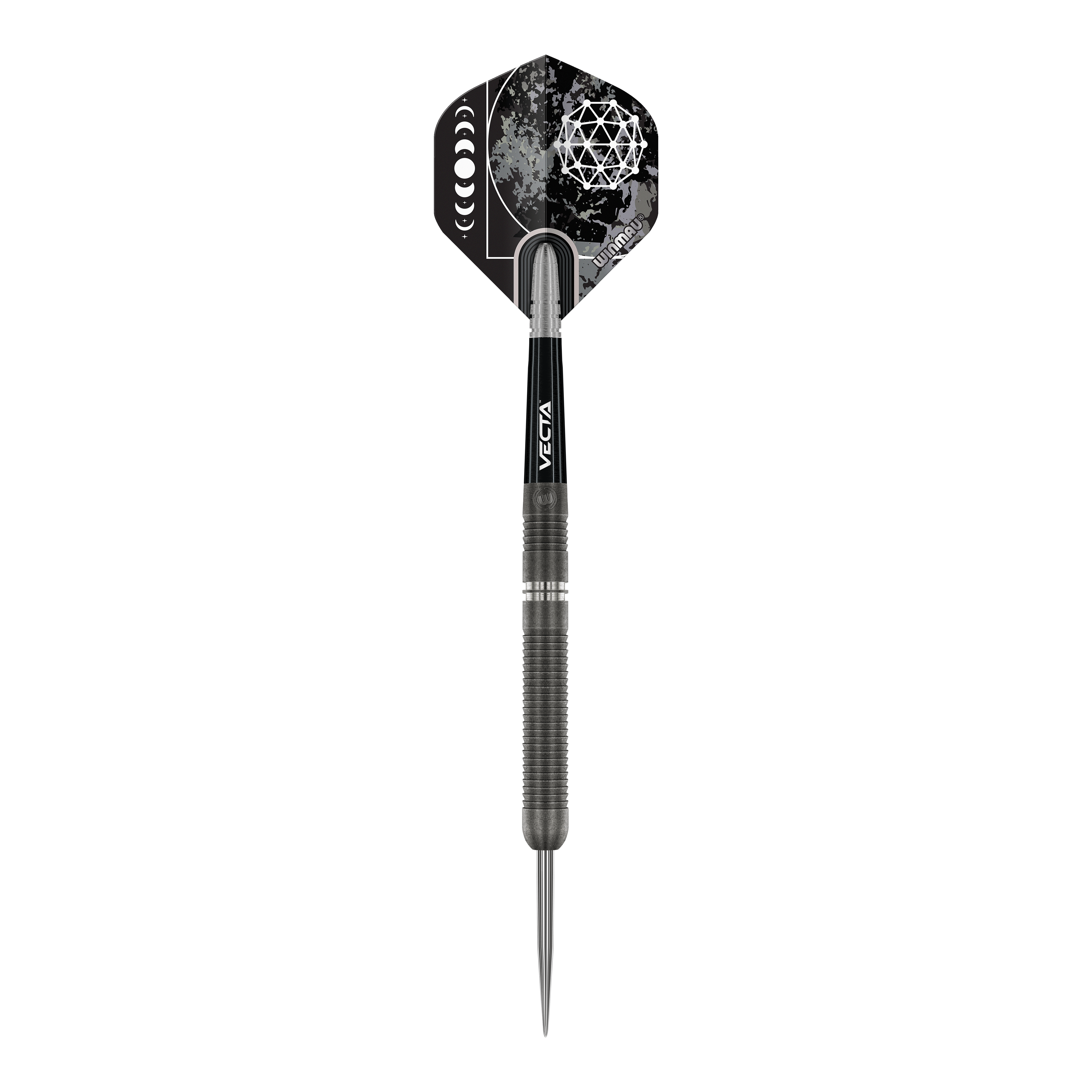 Winmau Callisto 01 Steeldarts Das Bild zeigt einen Winmau Callisto 01 Steeldart. Der Dartpfeil hat ein modernes Design mit schwarzen und silbernen Elementen sowie auffälligen Grafiken auf dem Flight.