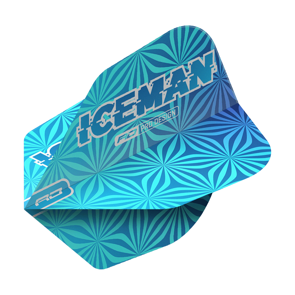Das Bild zeigt ein blaues Dart-Flight mit geometrischem Muster und der Aufschrift "ICEMAN". Es handelt sich um das Produkt "Red Dragon Gerwyn Price Iceman Blue No6 Flights".