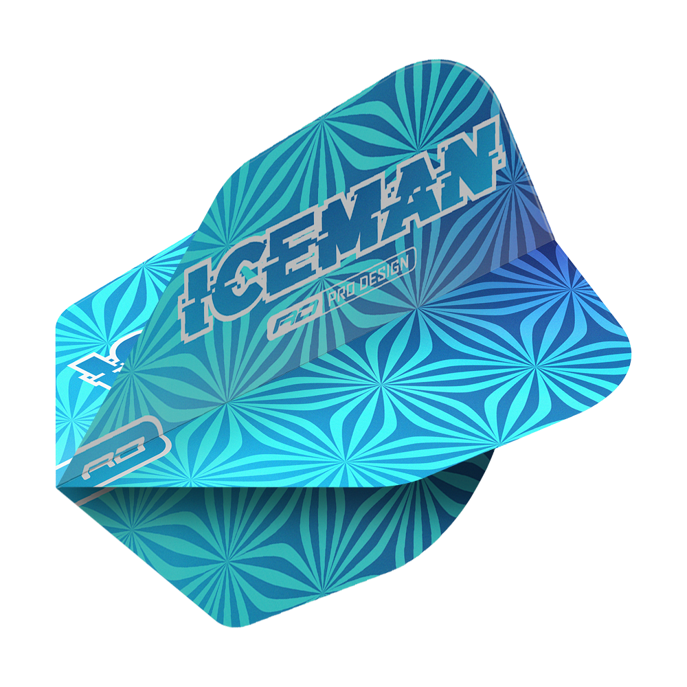 Red Dragon Gerwyn Price Iceman Blue No6 Flights Das Bild zeigt ein blaues Dart-Flight mit geometrischem Muster und der Aufschrift "ICEMAN". Es handelt sich um das Produkt "Red Dragon Gerwyn Price Iceman Blue No6 Flights".