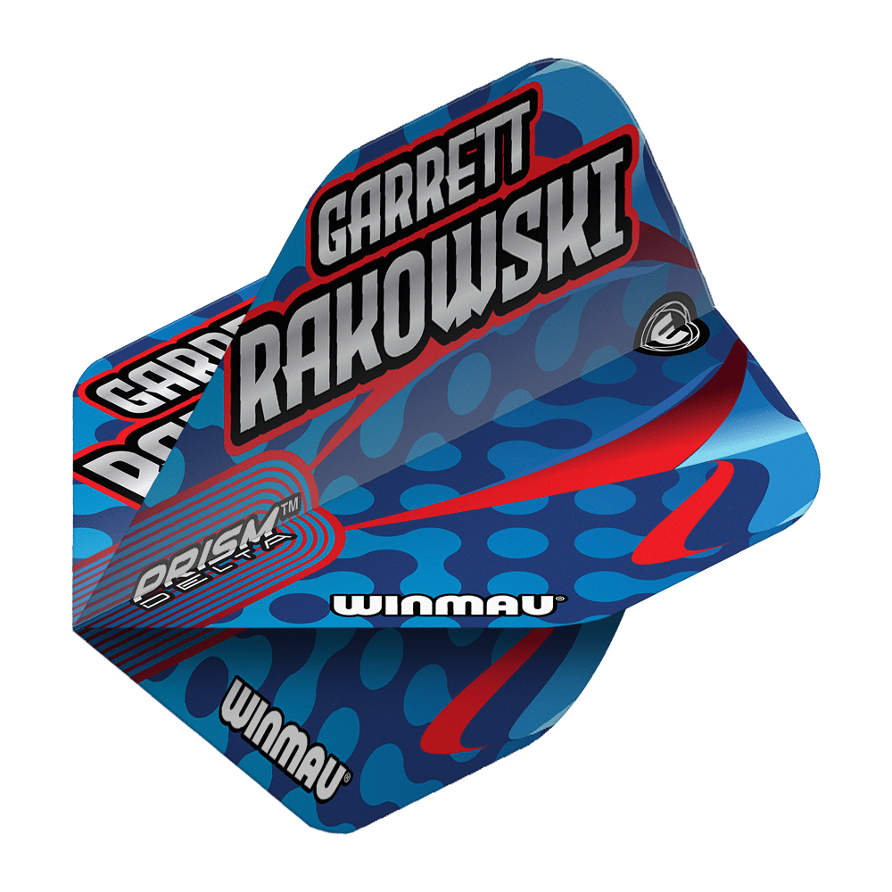 Auf dem Bild ist ein Winmau Prism Delta Garrett Rakowski Standard Flight zu sehen. Das Design ist blau mit roten und hellblauen Akzenten und trägt den Namen "Garrett Rakowski".
