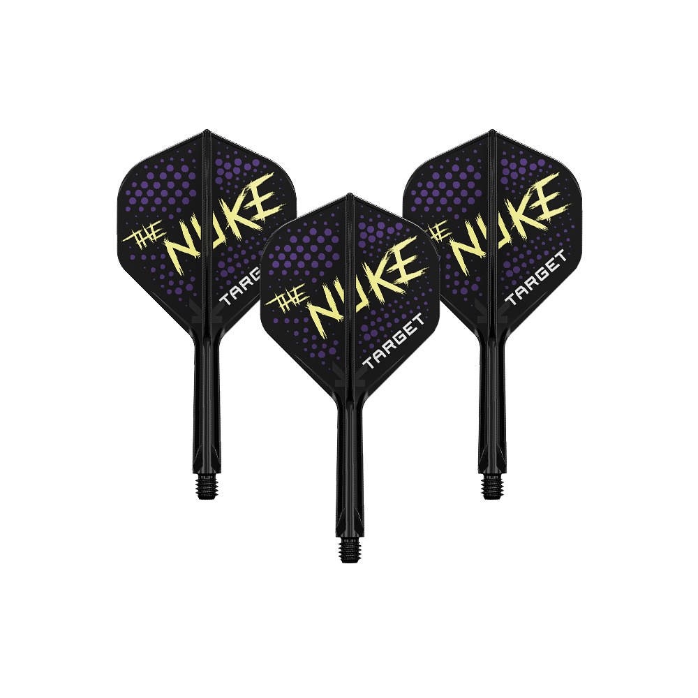Target K-Flex Luke Littler Black No2 Standard Flight-System Auf dem Bild sind drei schwarze Dartflights mit dem Schriftzug „The Nuke“ in gelber Farbe zu sehen. Die Flights haben außerdem violette Punkte und den Markennamen „Target“ in weiß.