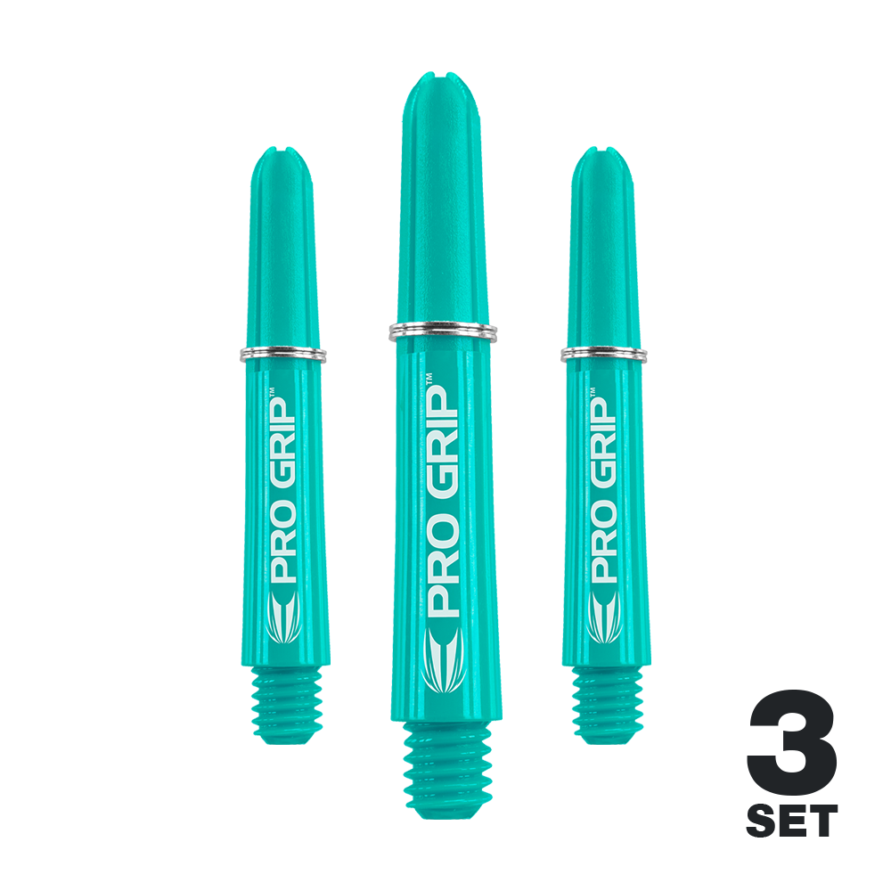 Target Pro Grip Shafts - 3 Sets - Aqua Auf dem Bild sind drei aqua-blaue Pro Grip Shafts für Darts zu sehen. In der rechten unteren Ecke steht "3 SET".