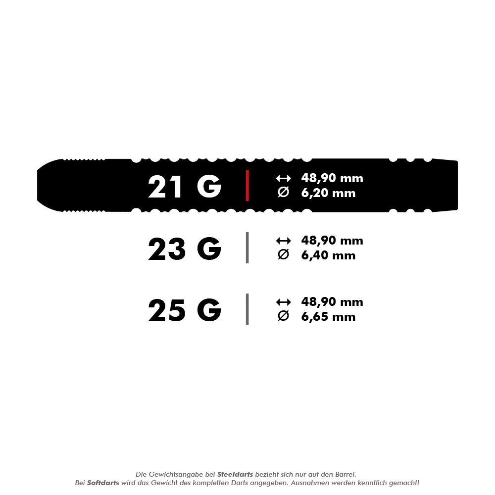 190224-_Target_Dimitri_Van_Den_Bergh_GEN2_Swiss_Point_Steeldarts_5_21g Das Bild zeigt die technischen Daten von Steeldarts in den Gewichten 21 g, 23 g und 25 g. Die Darts sind jeweils 48,90 mm lang und haben je nach Gewicht unterschiedliche Durchmesser: 6,20 mm, 6,40 mm und 6,65 mm.