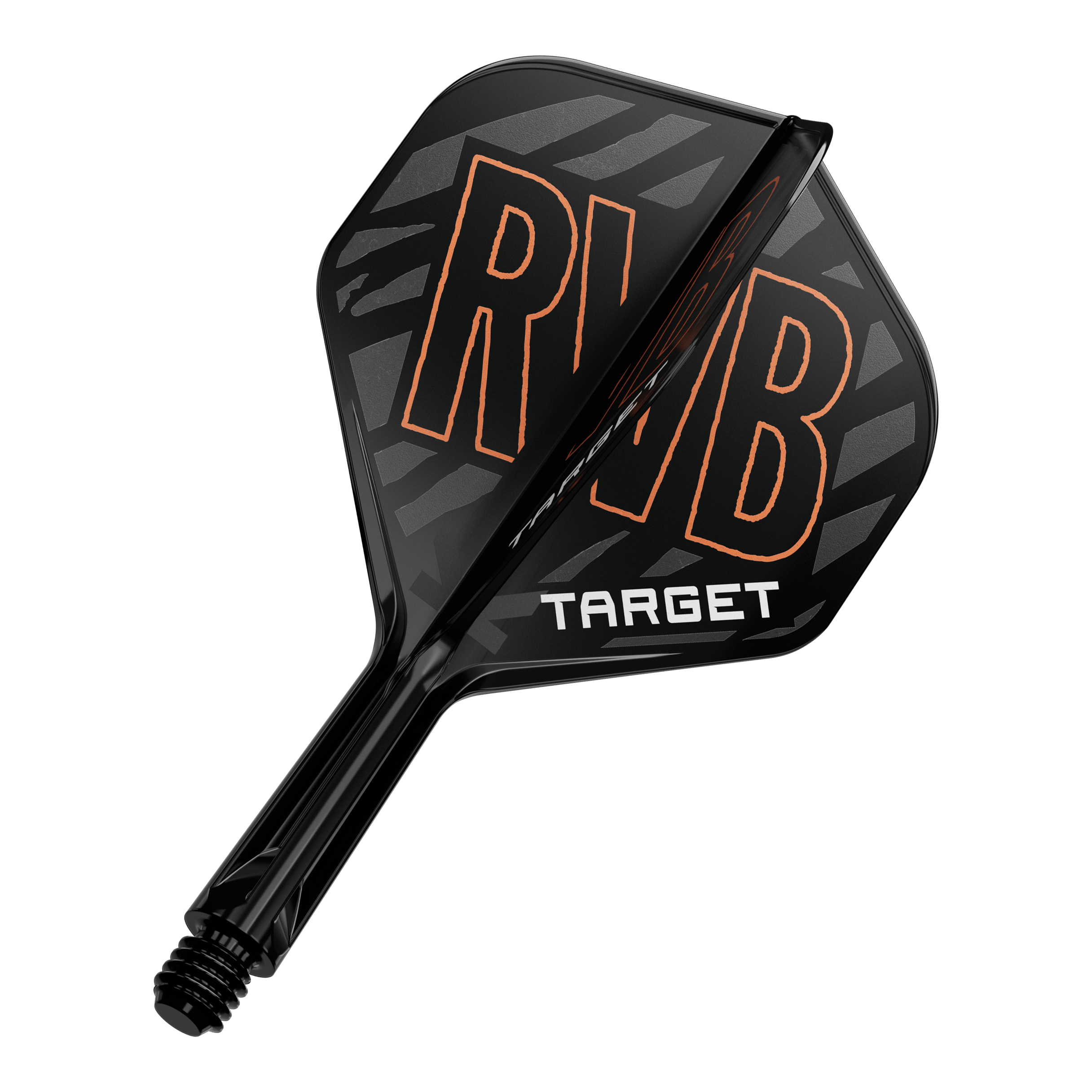 Target K-Flex Raymond Van Barneveld No2 Standard Flight-Shaft-System Das Bild zeigt einen schwarzen Dartflight mit der Aufschrift "RVB" in orange. Darunter steht das Wort "TARGET" in weißen Buchstaben.