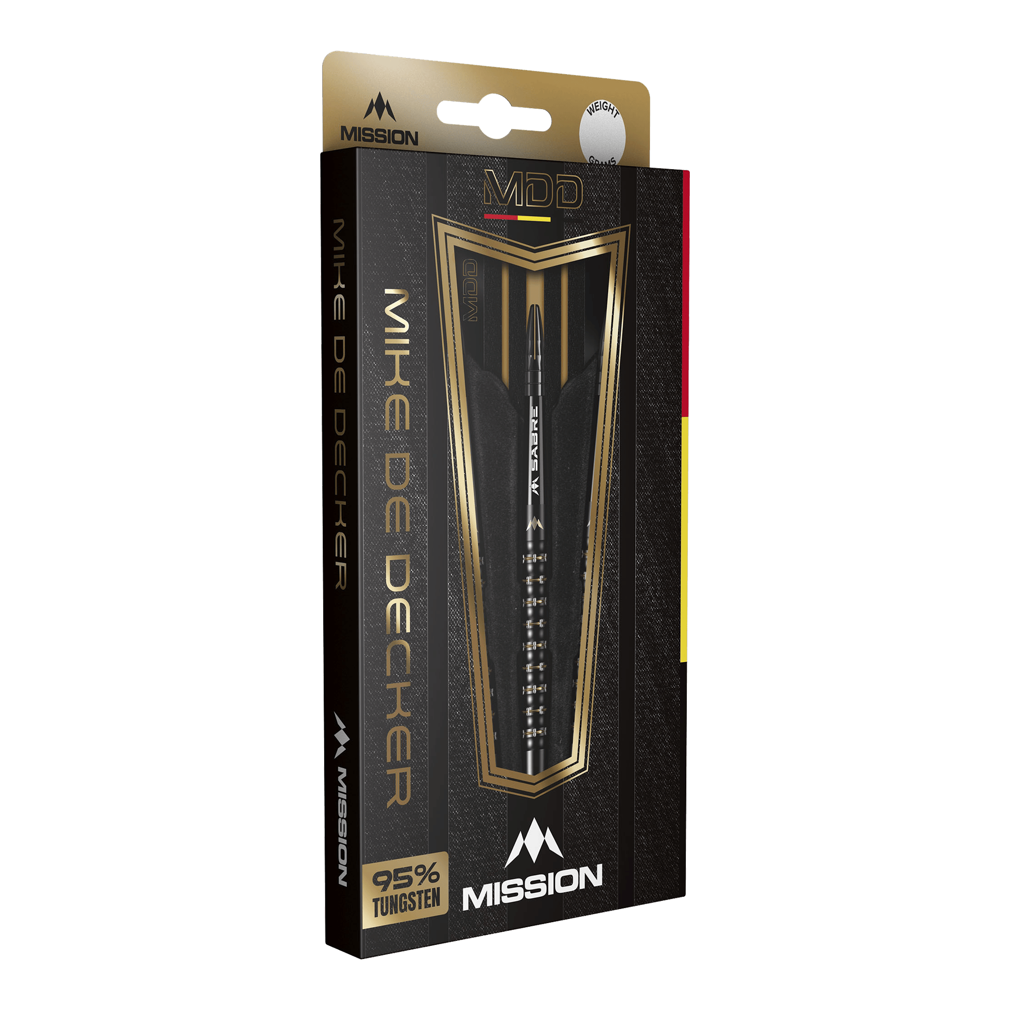 Mission Mike De Decker MDD Black Gold Softdarts - 20g Die Abbildung zeigt die Verpackung der "Mission Mike De Decker MDD Black Gold Softdarts - 20g". Die elegante Box hebt das Design der Darts sowie den hohen Tungsten-Anteil von 95 % hervor.