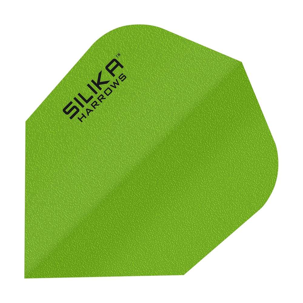 Das Bild zeigt ein grünes Dartflight mit der Aufschrift "SILIKA HARROWS". Es handelt sich um das Modell "Harrows Silika Solid Tough Crystalline Coasting Green No6 Flights".