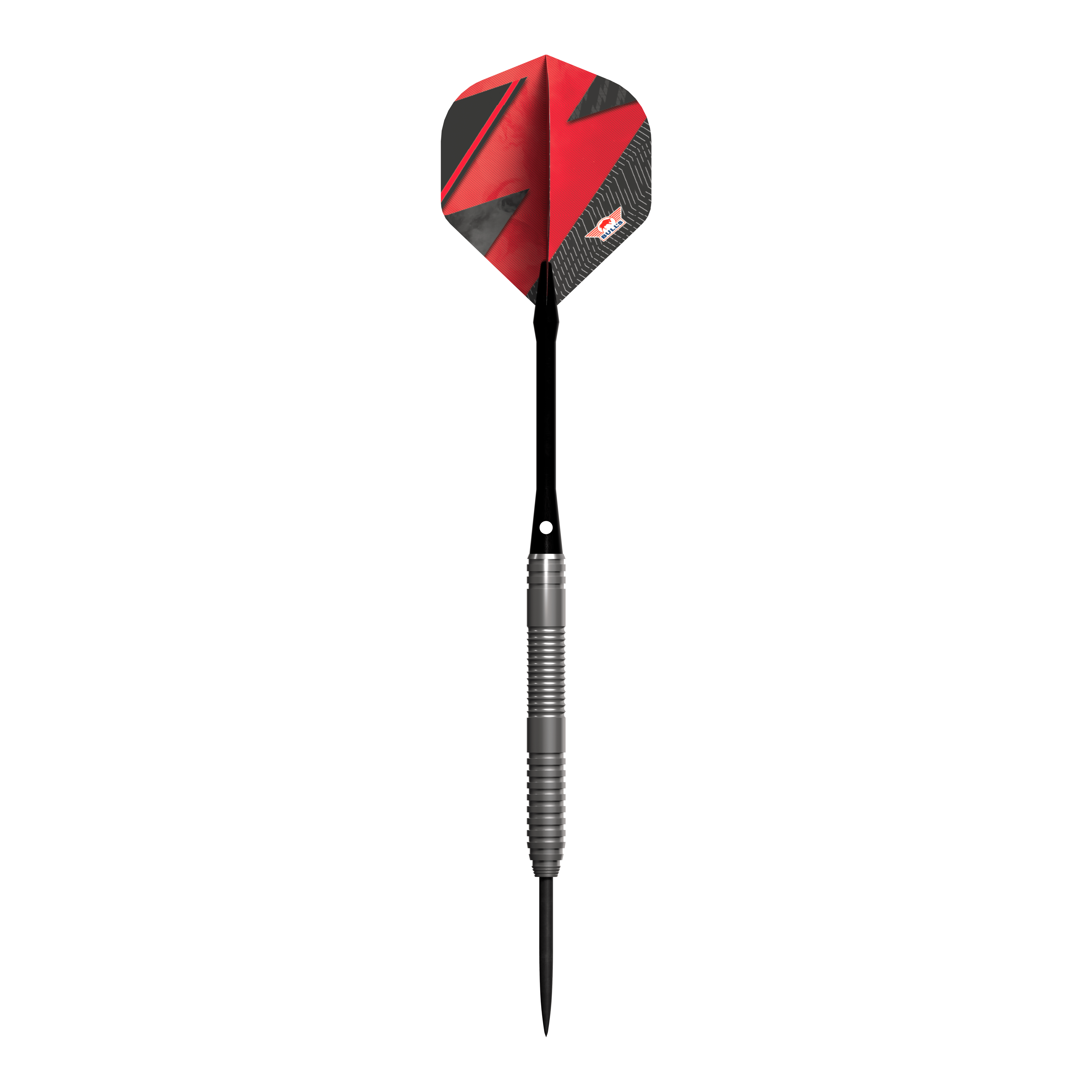 Bulls NL Lightning Red Steeldarts Das Bild zeigt einen Steeldart-Pfeil mit einem silbernen Griff und einer roten Flights. Der Pfeil trägt das Design und Logo der Marke Bulls NL Lightning Red.