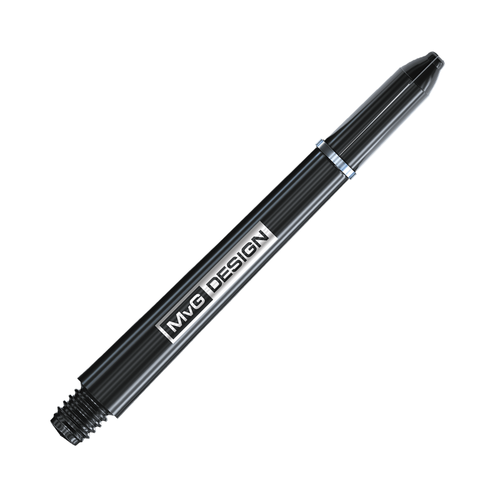 7100_Winmau_MvG_Signature_Black_Nylon_Shafts_46mm_12 Das Bild zeigt einen schwarzen Dart-Schaft mit der Aufschrift "MvG DESIGN". Es handelt sich um den Winmau Nylon Ring Grip MvG Design Black Shaft.
