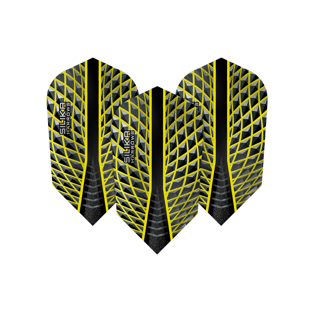 Das Bild zeigt drei Harrows Silika Yellow Slim Flights. Die Flights sind schwarz mit einem gelben, netzartigen Muster und dem Aufdruck "SILIKA HARROWS".