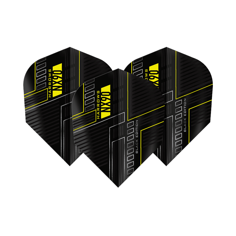 Harrows NX90 Black-Edition No6 Flights Das Bild zeigt drei schwarze Dart-Flights mit dem Namen "Harrows NX90 Black-Edition No6". Die Flights haben ein modernes Design mit gelben Linien und Schriftzügen.