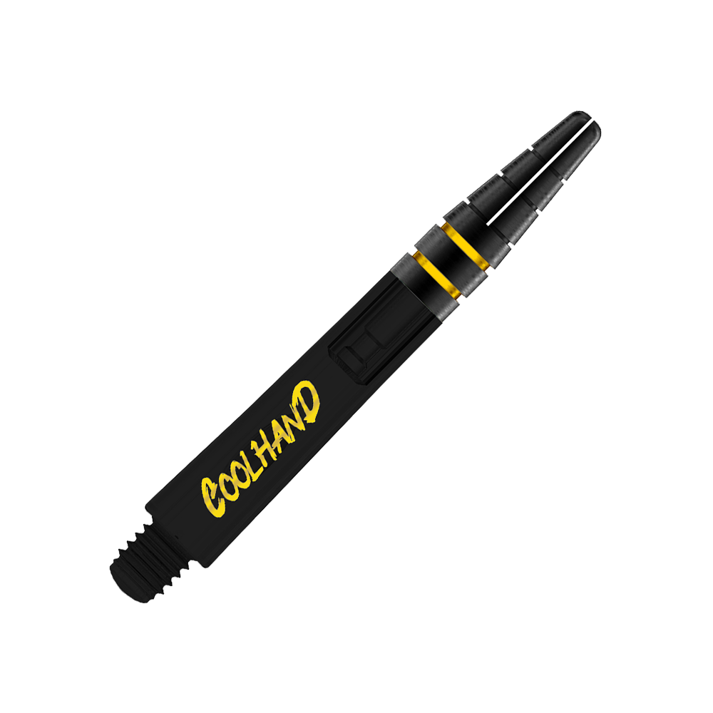 Red Dragon Nitrotech Luke Humphries Coolhand Shafts - Schwarz Das Bild zeigt einen schwarzen Dart-Schaft mit gelben Akzenten. Auf dem Schaft steht das Wort "COOLHAND" in gelber Schrift.