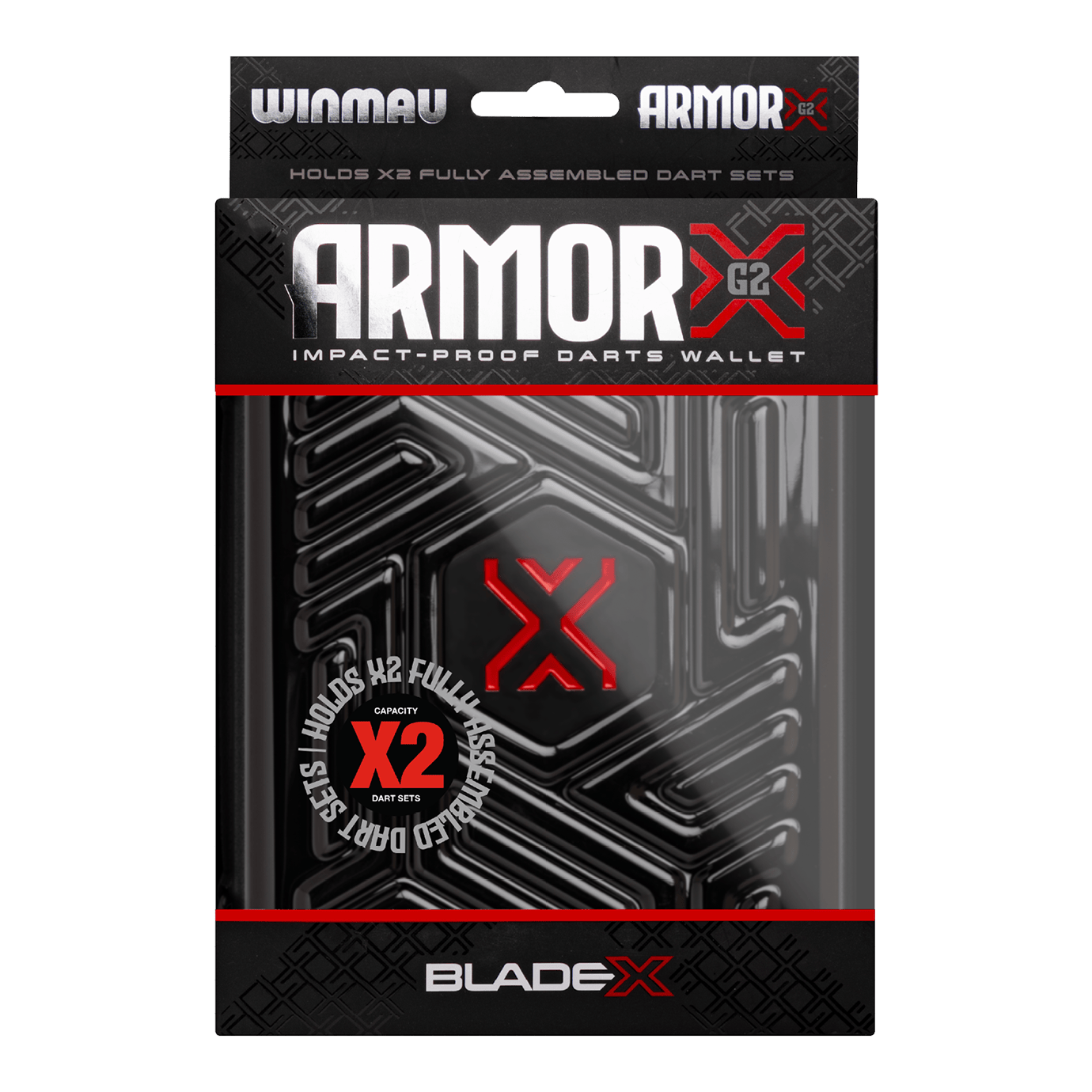Winmau Blade X Armor G2 Dartwallet Gezeigt wird das Winmau Blade X Armor G2 Dartwallet. Die Tasche schützt Darts und Zubehör beim Transport und der Aufbewahrung.