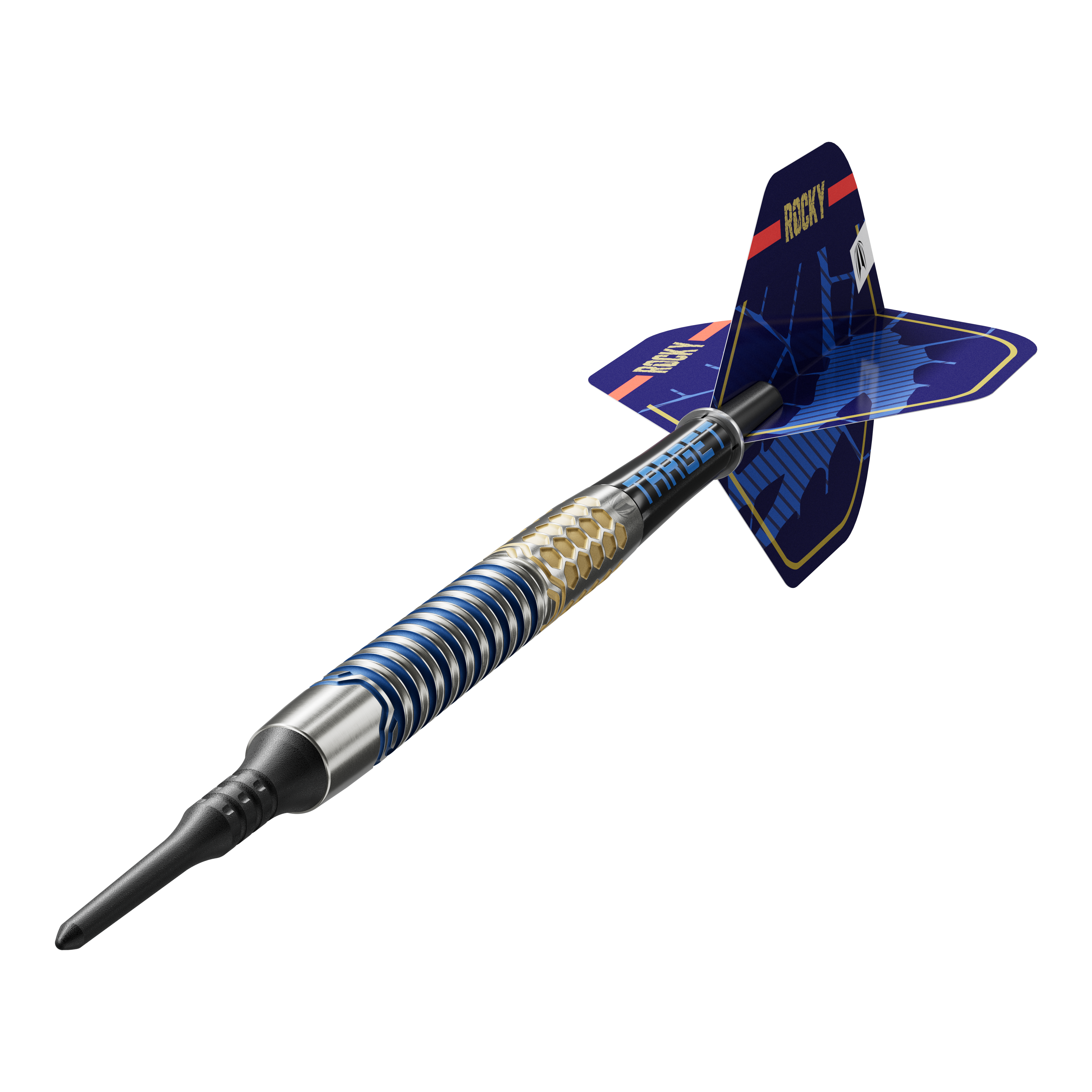 Target Josh Rock GEN1 Softdarts - 20g Das Bild zeigt einen Target Josh Rock GEN1 Softdart mit einem Gewicht von 20g. Der Dart hat ein modernes, blau-silbernes Design mit auffälligen Flügeln.
