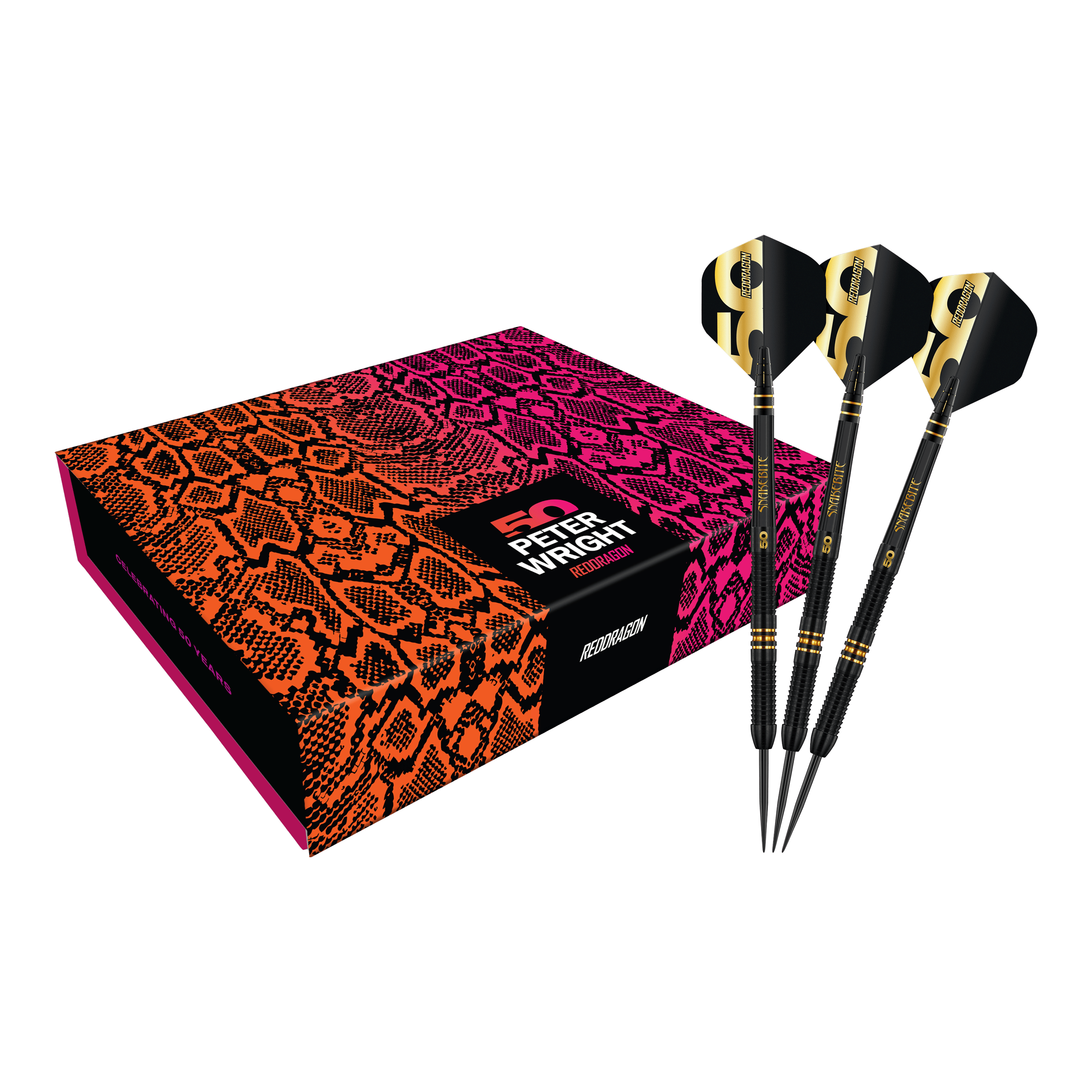Red Dragon Peter Wright 50 Years Player Limited Edition Steeldarts - 21g. Das Bild präsentiert den limitierten Steeldartpfeil als vollständiges Set.