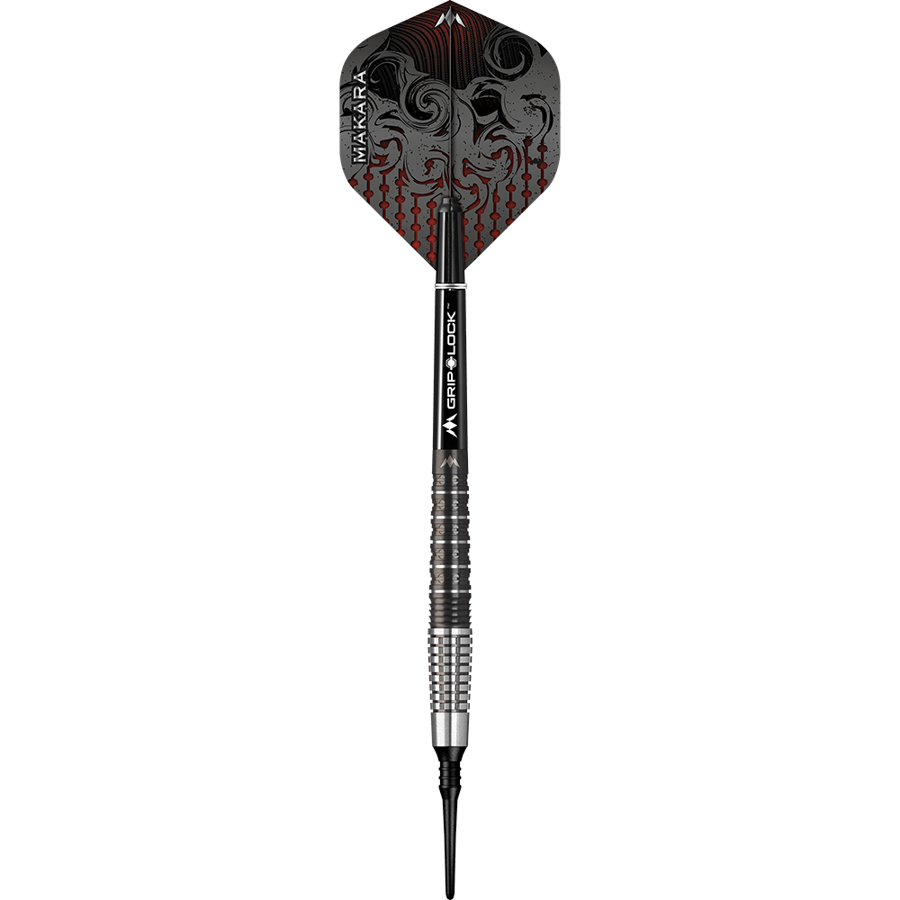 Mission Makara M2 Softdarts - 20g Das Bild zeigt einen Mission Makara M2 Softdart mit einem Gewicht von 20g. Der Dart hat ein auffälliges Flight-Design in Schwarz und Rot sowie eine geriffelte silber-schwarze Griffzone.