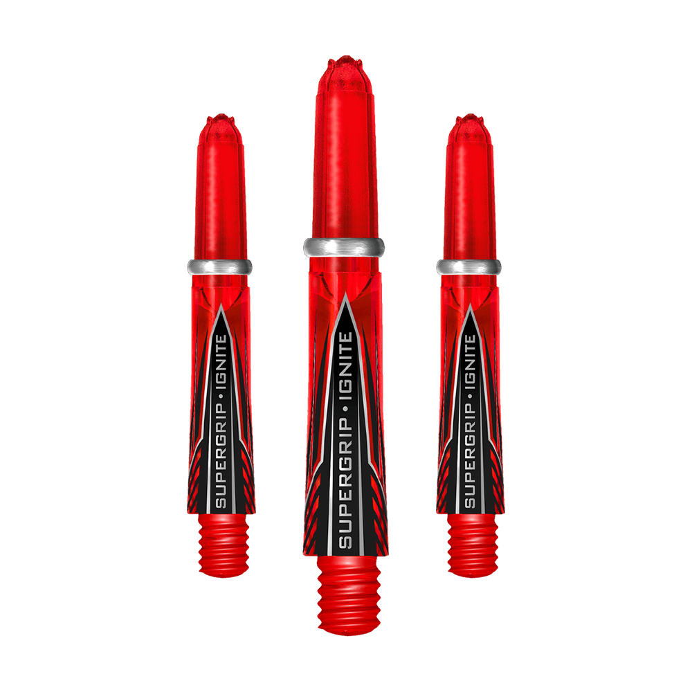 Das Bild zeigt drei rote Harrows Supergrip Ignite Shafts für Darts. Die Shafts haben einen auffälligen Schriftzug und silberne Ringe am oberen Ende.