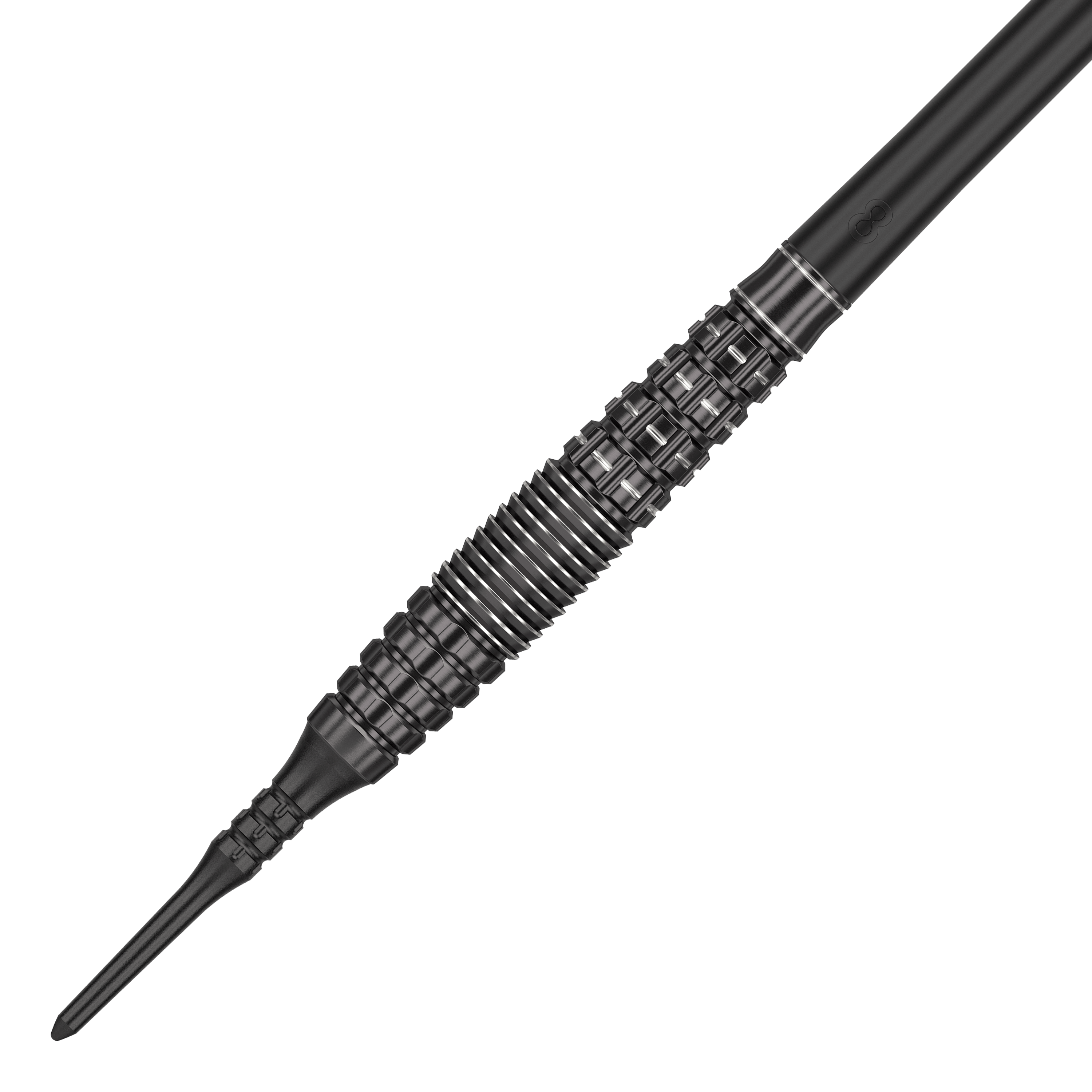Dies ist ein schwarzer Softdart namens "Target Japan Black Marque Phantom Softdarts - 18g". Der Dart hat ein auffälliges, geometrisch gemustertes Barrel-Design.