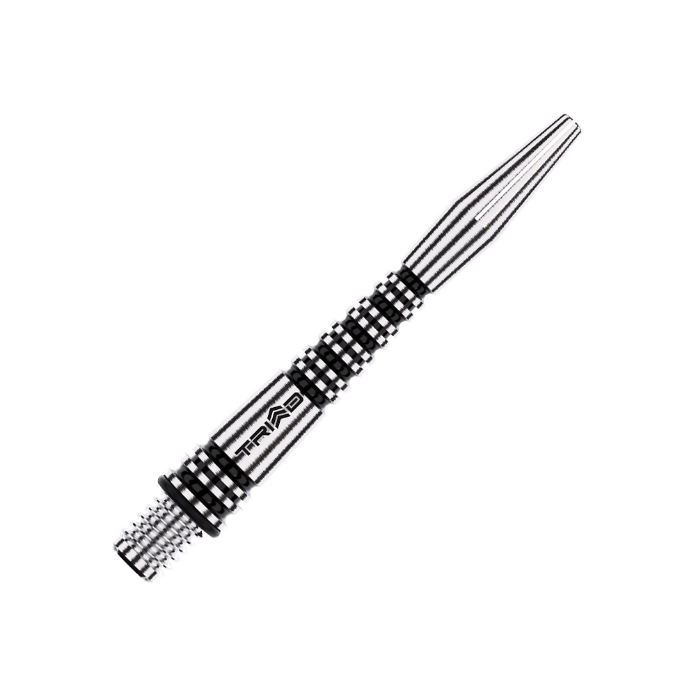 Winmau Triad RX Aluminium Shafts - Schwarz Dies ist ein schwarzer Aluminiumschaft für einen Dartpfeil mit dem Aufdruck "TRIAD". Das Design zeigt ein geriffeltes Muster für besseren Halt.