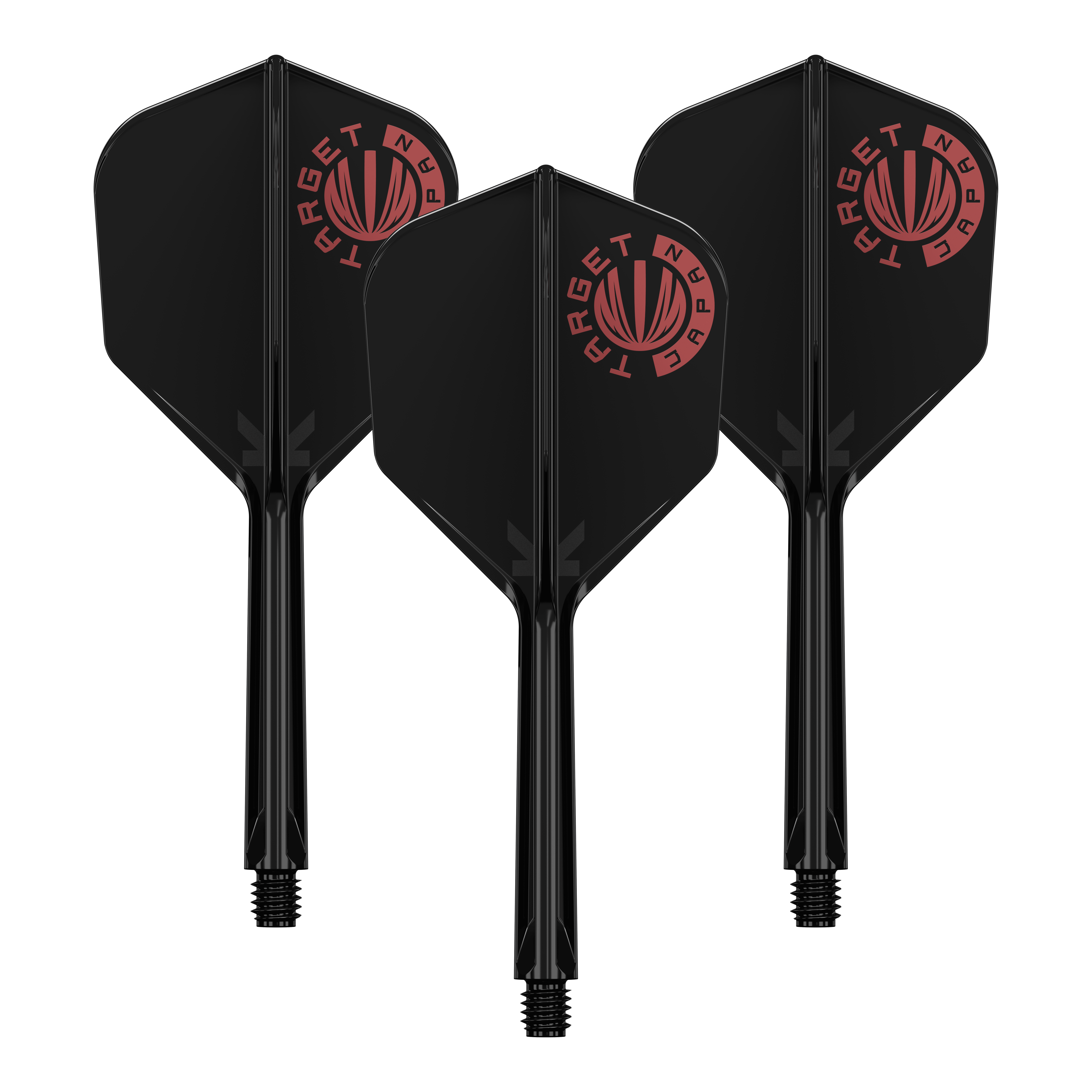 Target Japan K-Flex Original Logo Red Black No6 Flight-Shaft-System Auf dem Bild sind drei schwarze Dartflights mit integriertem Schaft zu sehen. Oben links auf jedem Flight befindet sich ein rotes Logo mit der Aufschrift "TARGET JAPAN".