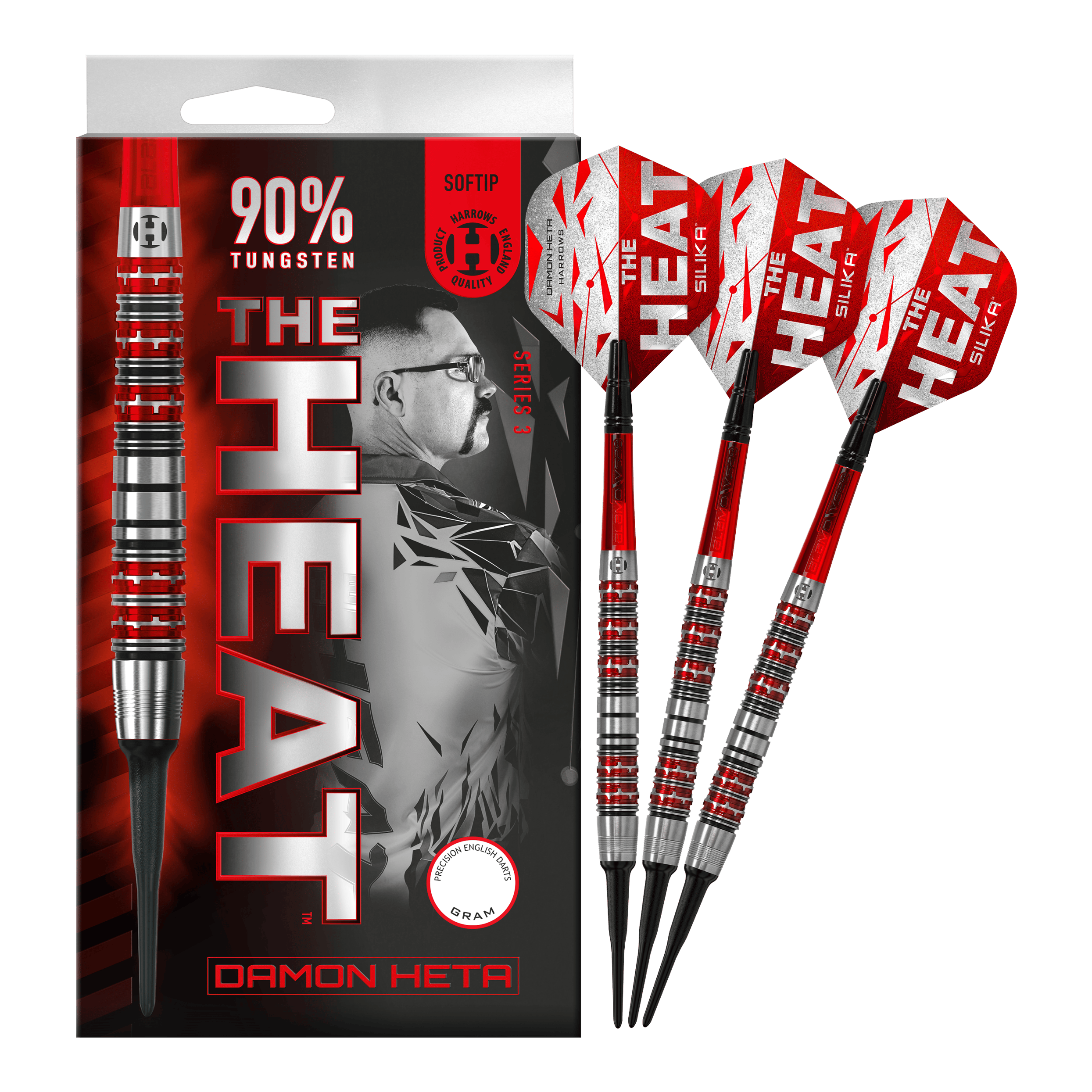 Harrows Damon Heta Series 3 Softdarts Das Bild zeigt eine Packung Harrows Damon Heta Series 3 Softdarts mit drei Darts daneben. Die Darts sind silber und rot, und auf der Verpackung steht "THE HEAT" sowie "90% Tungsten".