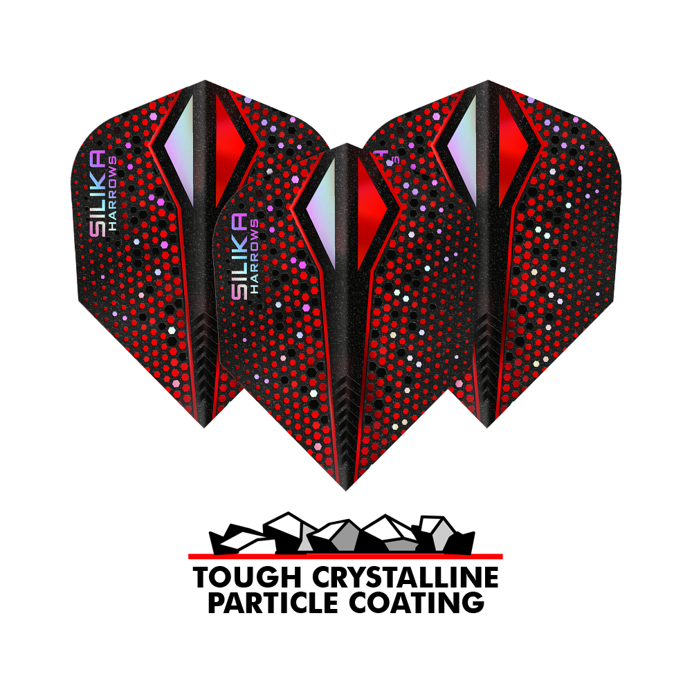 Das Bild zeigt drei Dart-Flights der Marke Harrows Silika Colourshift in Rot und Schwarz mit bunten Punkten. Unter den Flights steht der Text „Tough Crystalline Particle Coating“ mit einer Grafik von kleinen Kristallen.