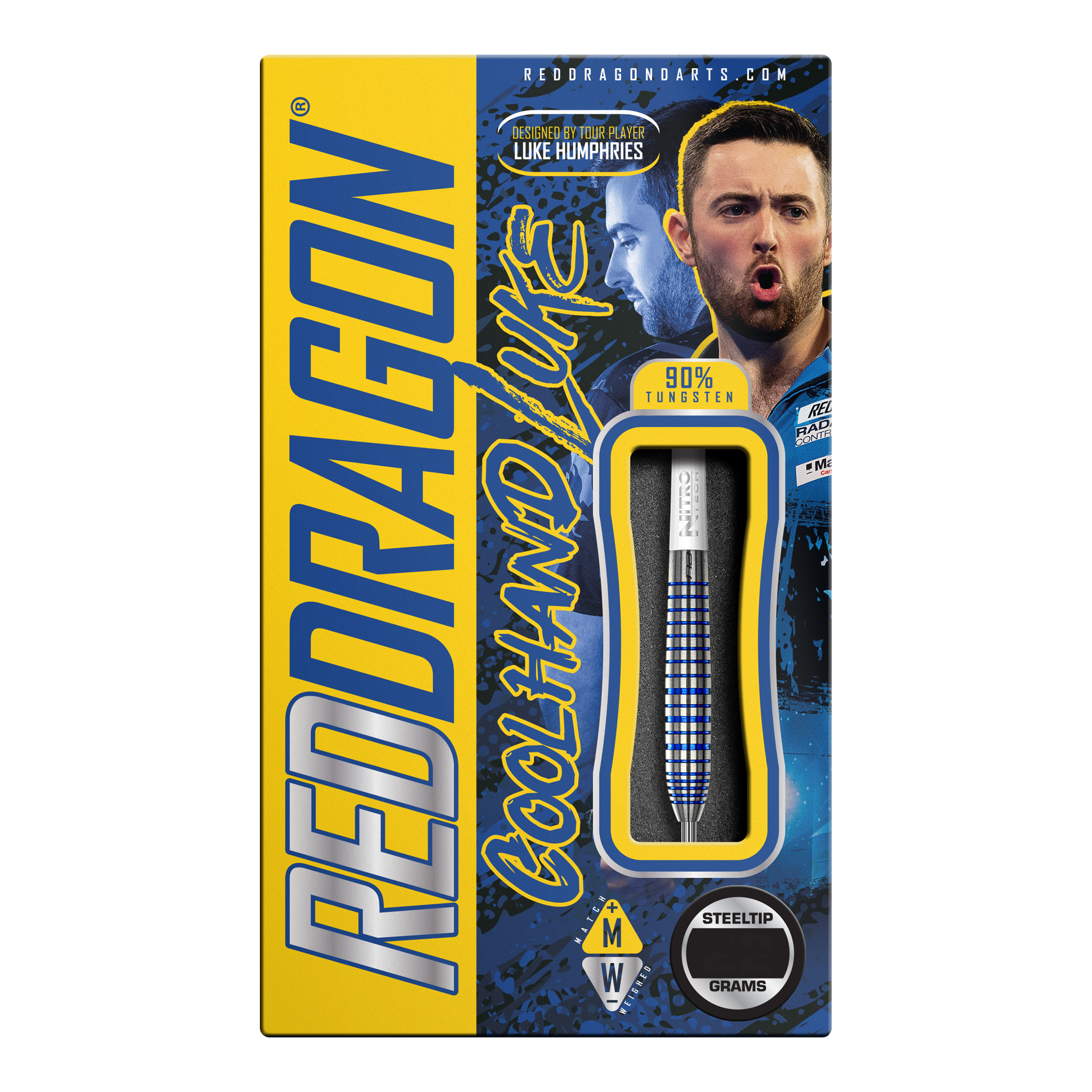 Die Verpackung zeigt die "Red Dragon Luke Humphries TX3 Cool Blue SE Steeldarts" in auffälligem Gelb und Blau. Das Produkt besteht zu 90 % aus Wolfram und ist mit Steeltip ausgestattet.
