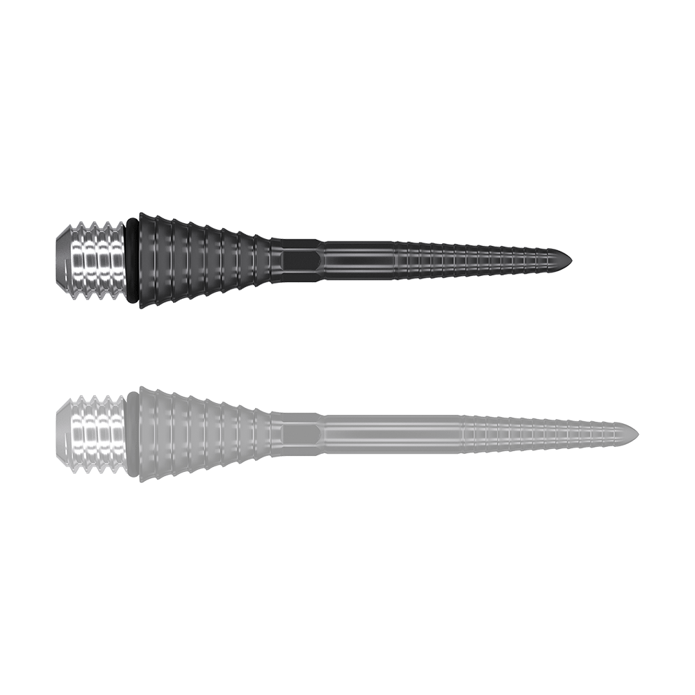Das Bild zeigt zwei schwarze, gerillte Target Swiss Point Conversion Points. Sie sind spitz zulaufend und haben einen silbernen, metallischen Schraubkopf.